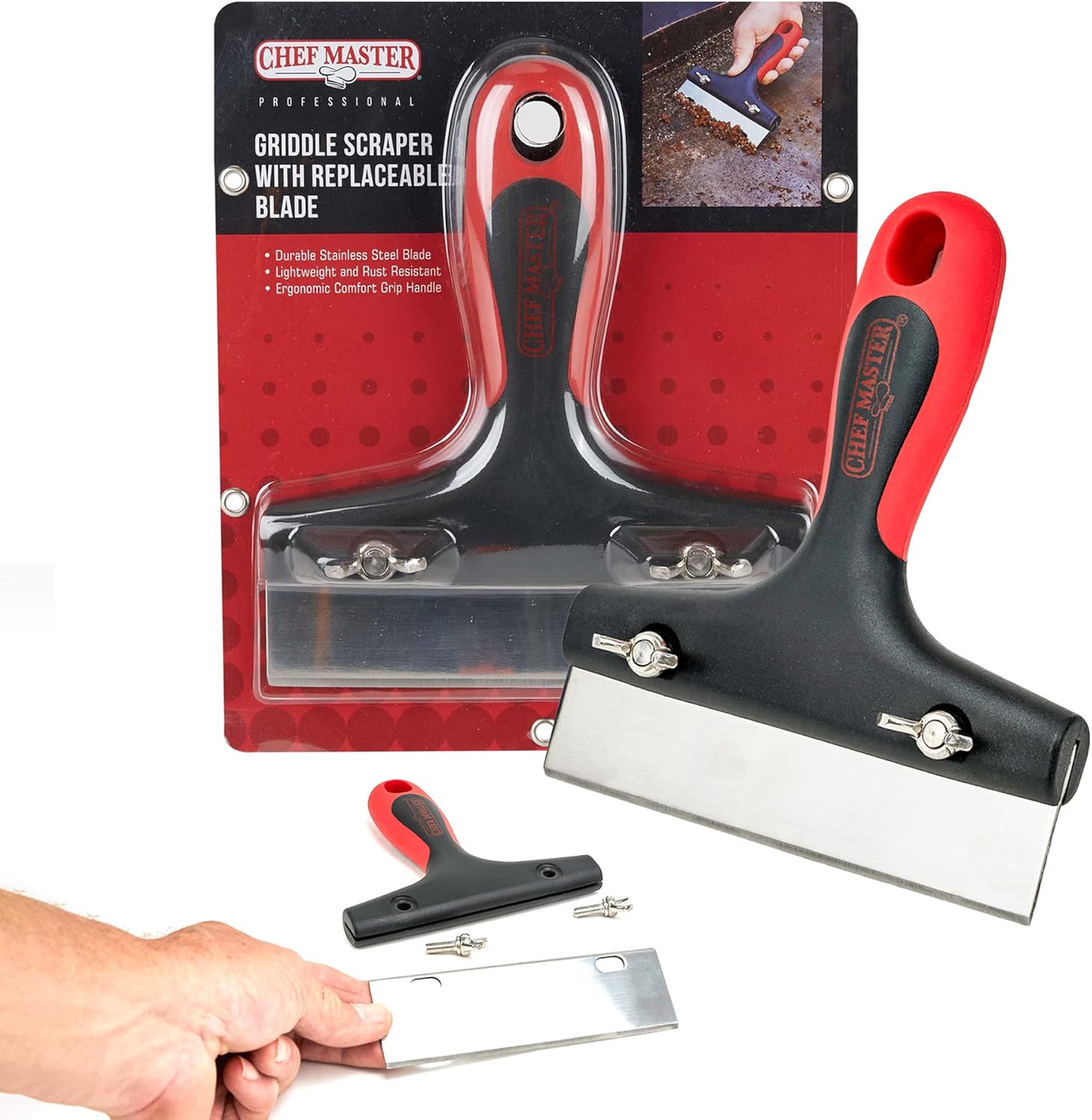 Mr. Bar-B-Q Herramienta de raspador ergonómico con hoja reemplazable, limpiador de plancha de acero inoxidable, perfecto para rascador de parrilla de cocina profesional y residencial