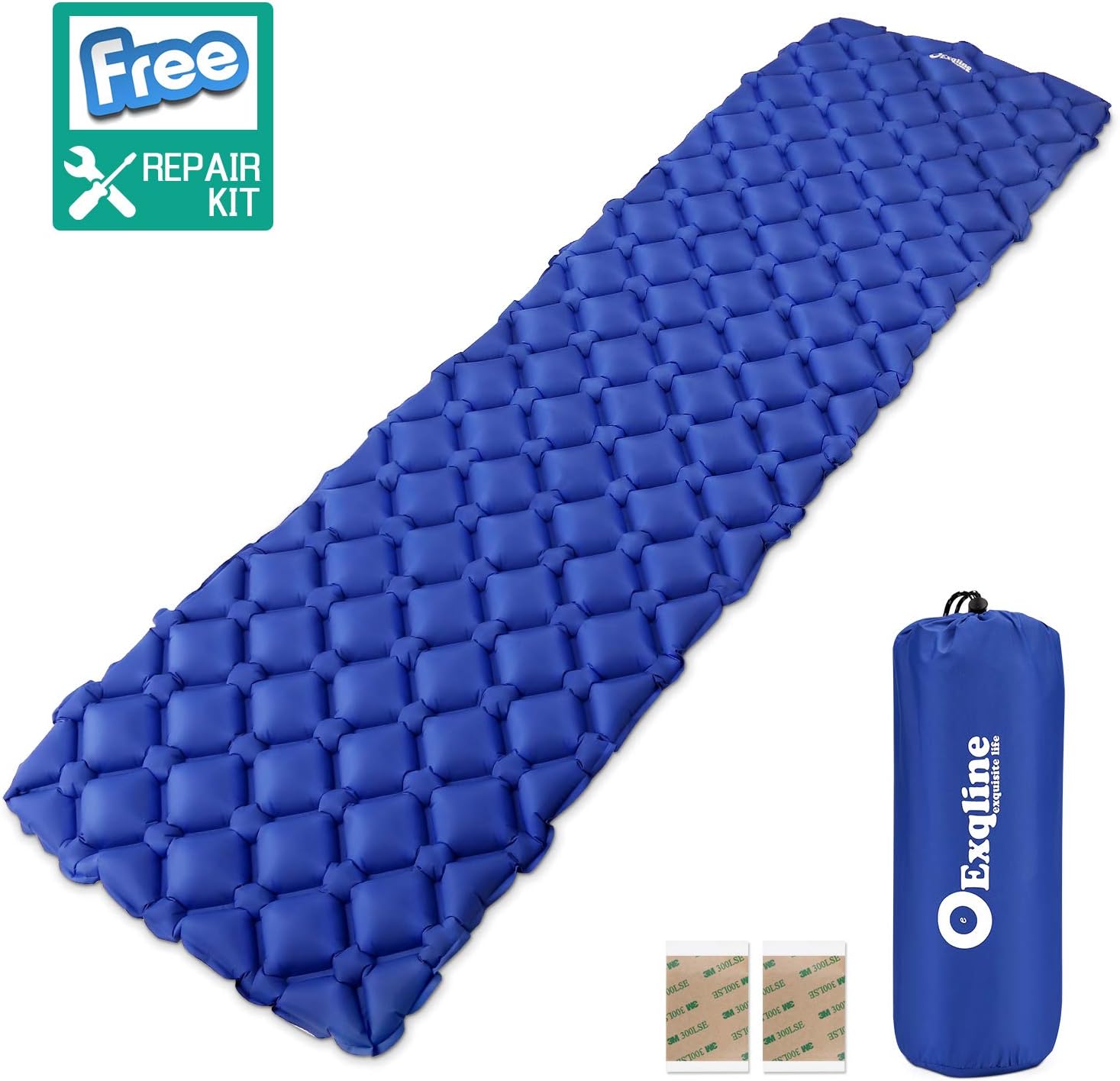 Exqline Inflatable Sleeping Mat Ultralight Sleeping Pad Lightweight Air Camping Mattress with Repair Kits Inflatable Roll Mat Tent Pad for Outdoor Backpacking, Hiking and Traveling Blue