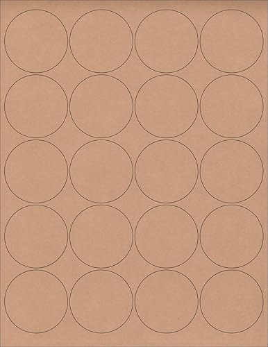 (12 hojas) 240 pegatinas de papel kraft marrón redondo en blanco de 2 "para impresoras de inyección de tinta y láser. Tamaño hojas estándar de 8-12"