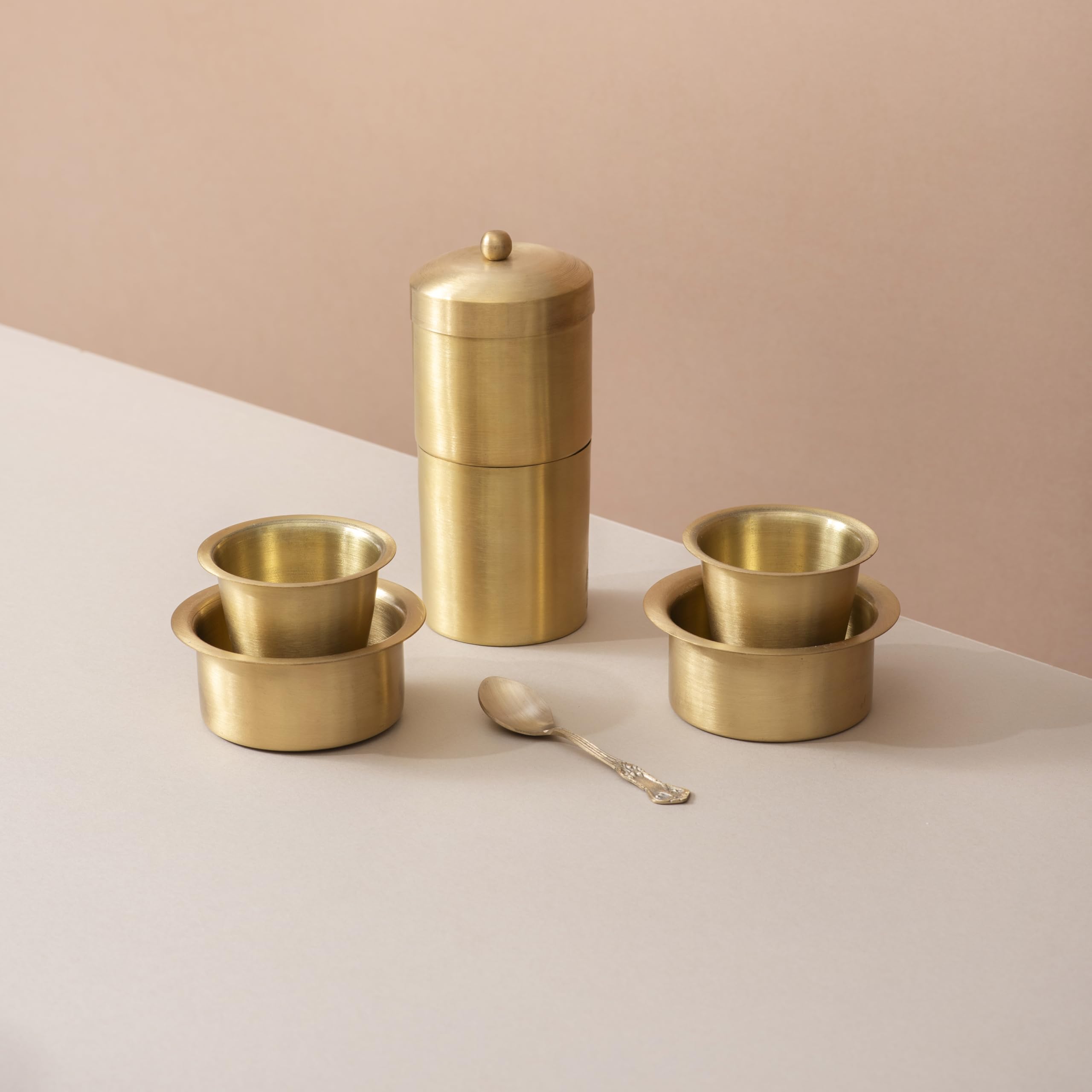 veda essentials. Filter Coffee Brewer with Dabra Set with spoon | Filter Coffee Combo Set | Brass | Traditional South Indian Coffee