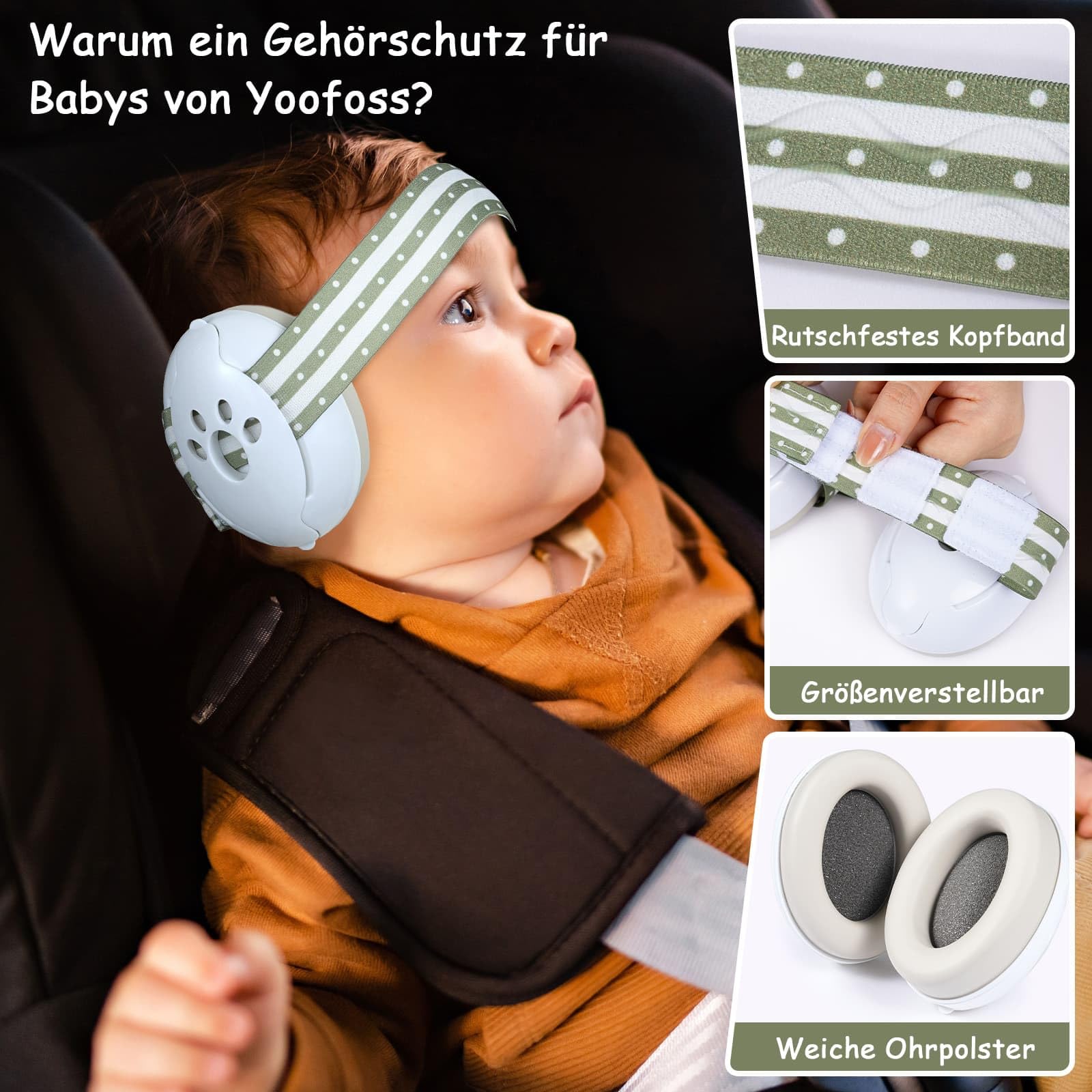 Yoofoss Gehörschutz Baby 0-36 Monate - Baby Kopfhörer Lärmschutz 25dB - Ideal für Flugzeug und Reise - CE - Verstellbares Anti-Rutsch-Kopfband, Weiche Ohrenschützer - Grün
