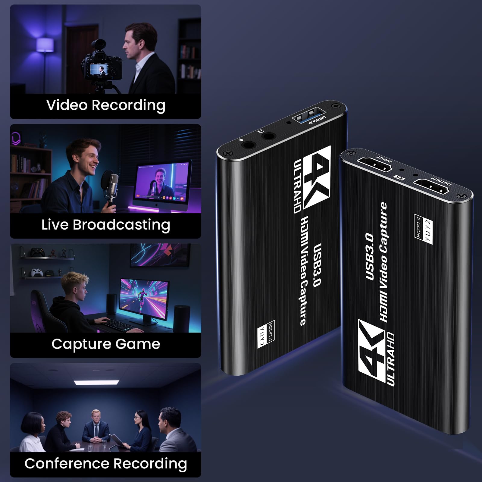 Papeaso Carte de Capture HDMI 4K, 1080P 60FPS USB 3.0 Appareil de Capture Vidéo pour Streaming, Compatible avec Switch, PS5, PS4, Xbox, Caméra, PC