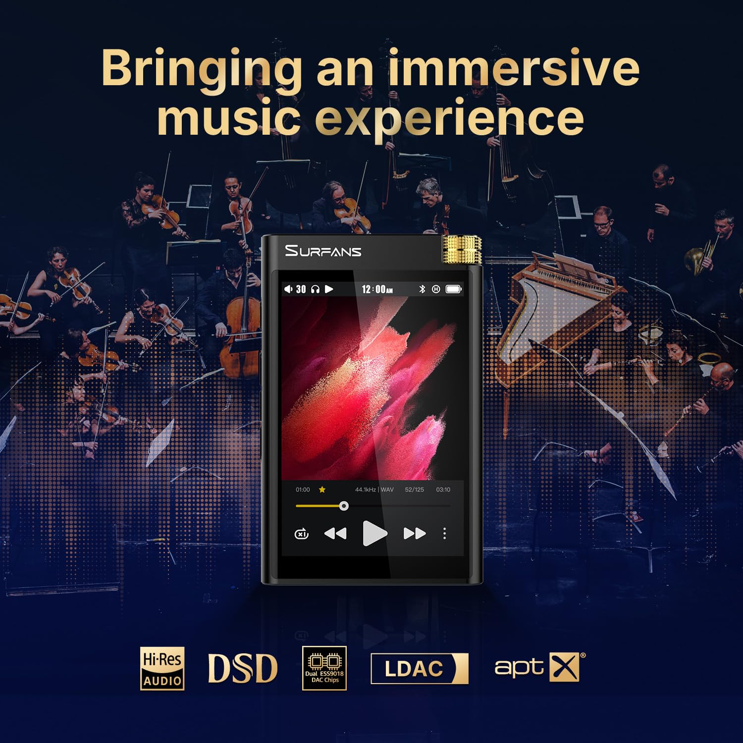 Surfans MP3 HiFi F28 chip DAC, Bluetooth5.2 LDAC/aptX HD, uscita bilanciata, touch screen da 3,5" (320 x 480 IPS), 128 GB internamente ed espandibile a 512 GB