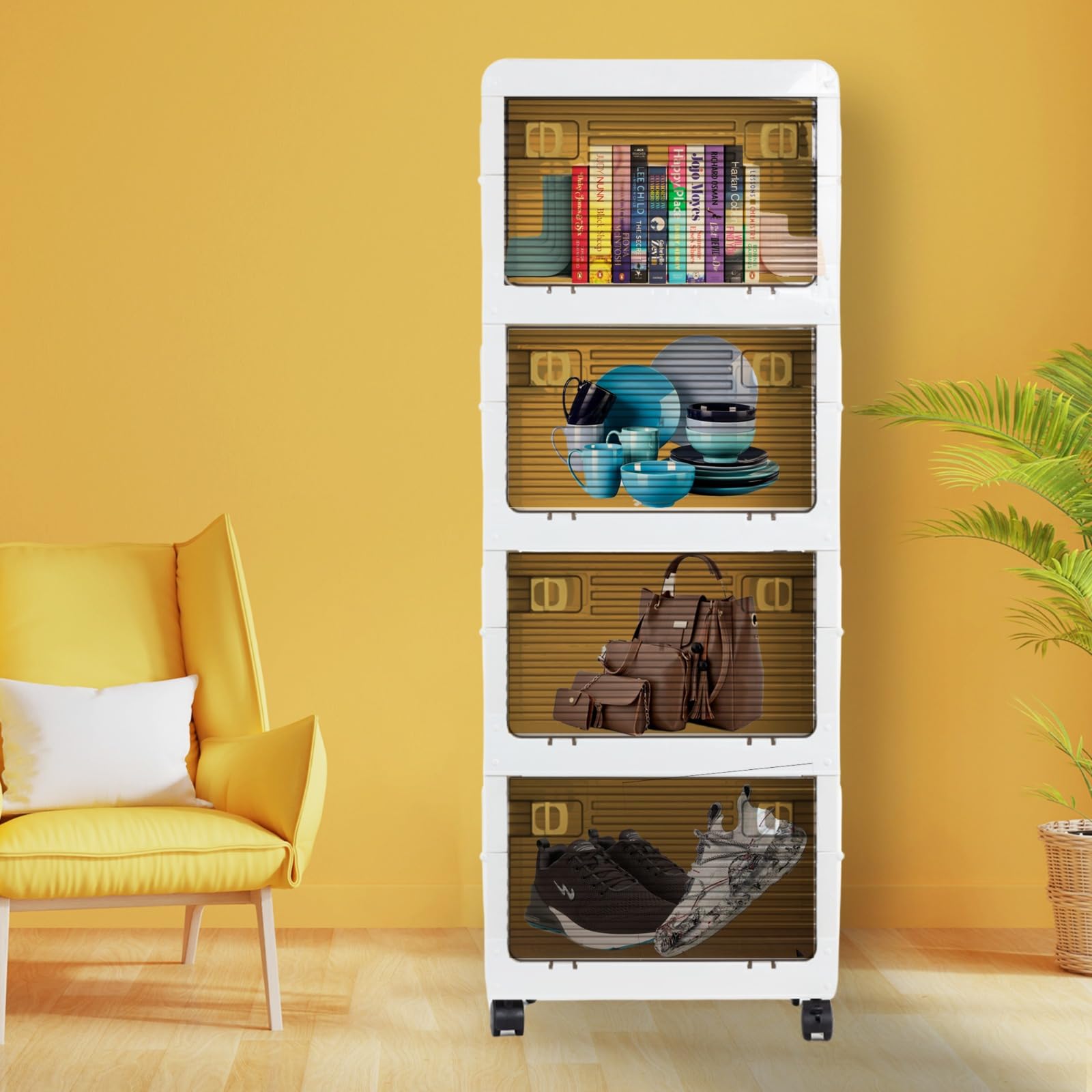 PRIME PICK Storage Containers With Lids And Magnetic Doors, Stackable 4 Layer Rack Plastic Storage Boxes, Open Front, Foldable Storage Boxes For Organization, Collapsible Storage Baskets, White