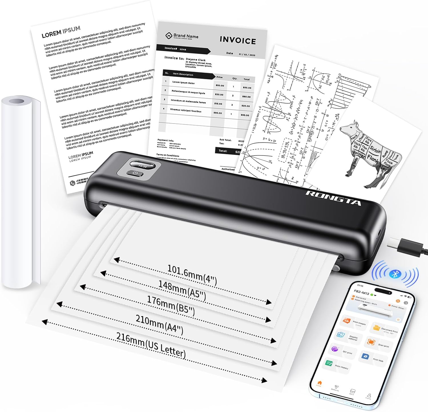 Rongta Portable Printer Wireless for Travel, Thermal Inkless Printers for 8.5″*11″ US Letter, Compatible with Android iOS Smartphone, Mac Windows Laptop for Office, Home, Travel (Black)