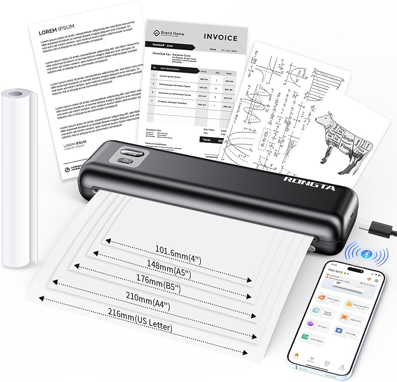 Rongta Portable Thermal Printer, Inkless Wireless Printers Compatible with Android iOS Phone, Mac Windows Laptop for Office, Home, Travel