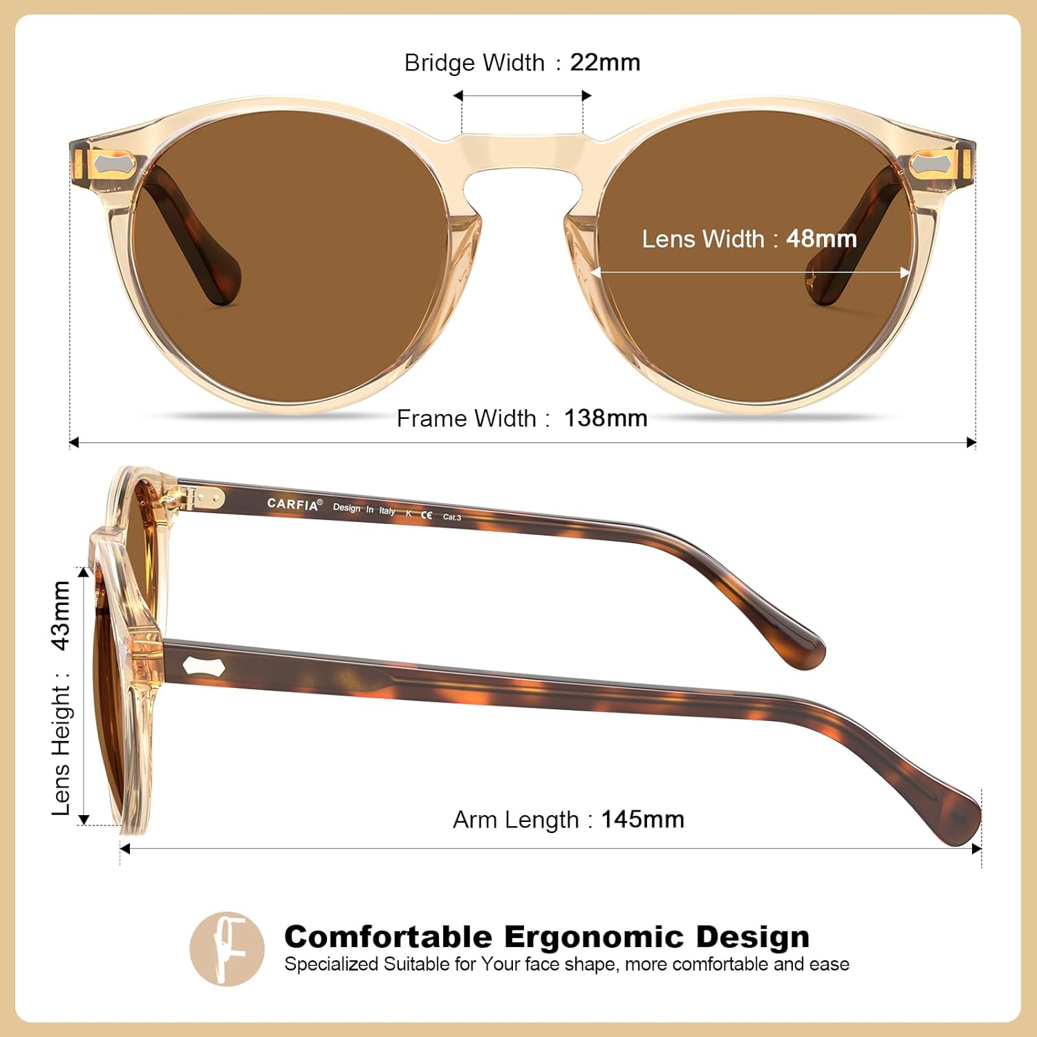 CARFIA Polarized Sunglasses for Women: Acetate Frame, Small/Medium Size, UV400 Protection - Anti Glare CA5288 - Image 5