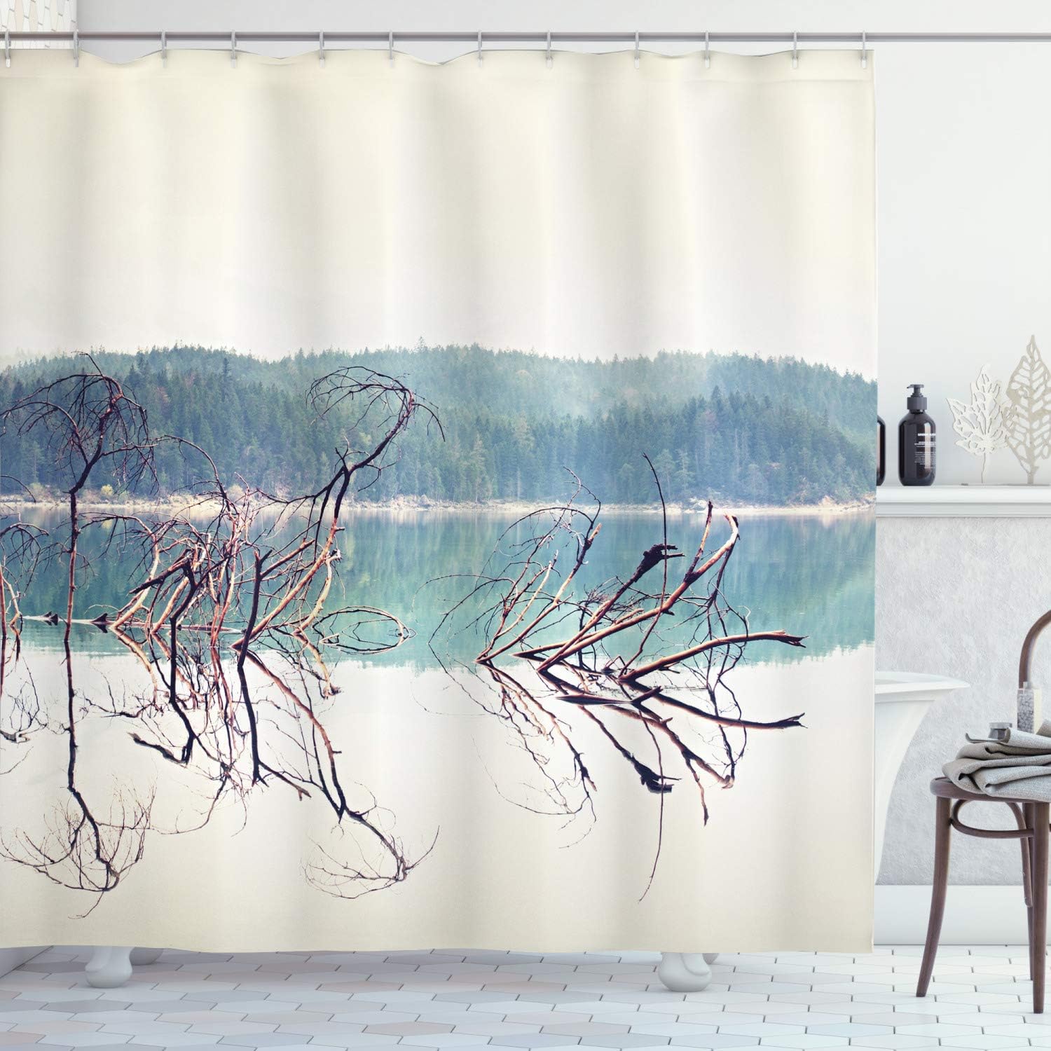 Ambesonne Driftwood Shower Curtain, Nature Theme Branch of The Fallen Tree Near The Mountain Lake and The Forest, Cloth Fabric Bathroom Decor Set with Hooks, 69" W x 84" L, Cream Green