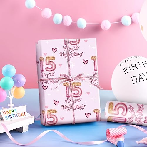 Miniatura 3 de RUSPEPA Papel de regalo de cumpleaños número 15 para niña, corazones y globos rosas del número 15, diseño de feliz cumpleaños, 15 años, mini rollo,