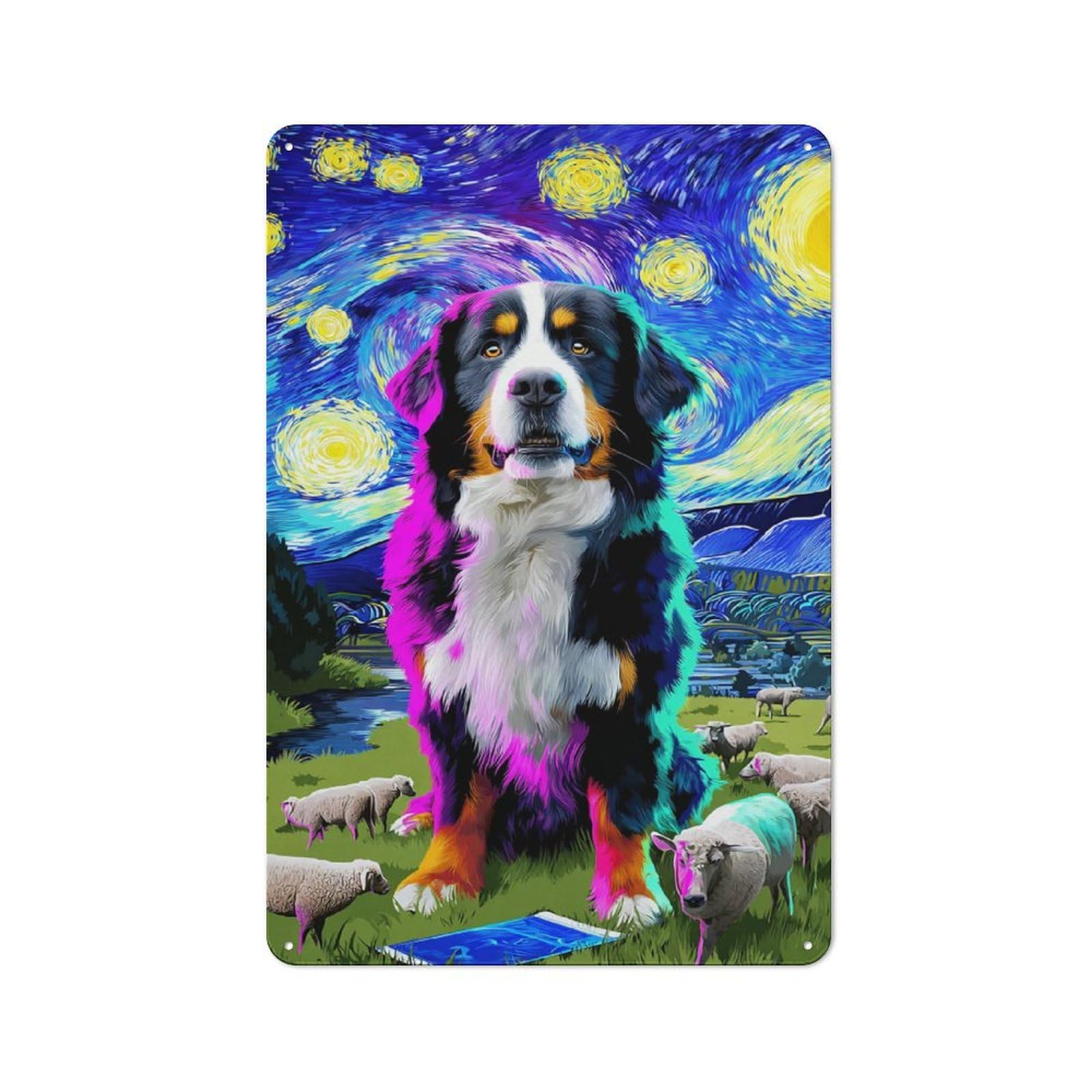 Junmoney Starry Night Dog With Sheep -1 Farmhouse Metal Sign With Design 30X20cm, Rustic Rustic Kitchen Decor For Dining Room, Cafe, Entryway Or Family Room