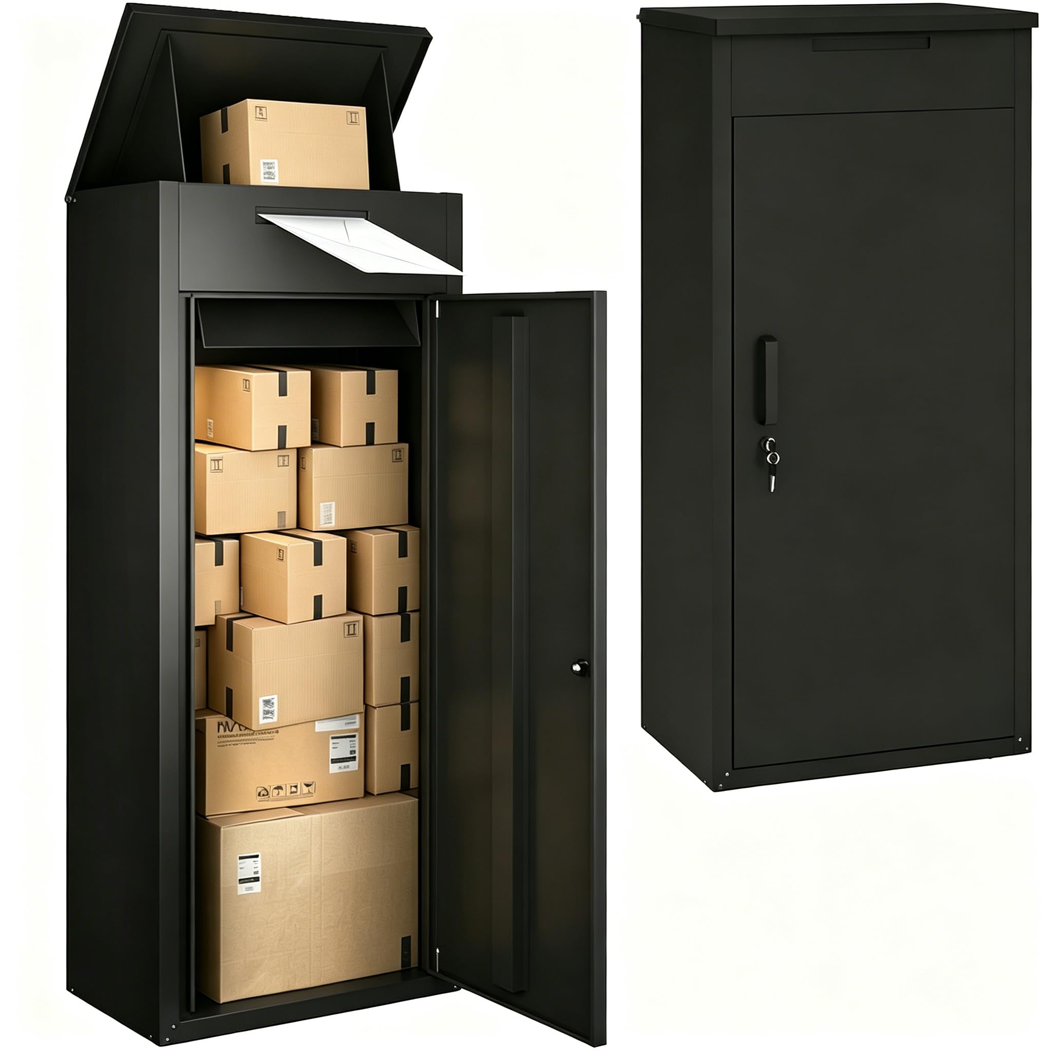 YODOLLA Paketbox Groß XXL, Paketbriefkasten mit Briefeinwurf & Klappdeckel für draußen, 120x45x50cm, wetterbeständiger Full-Metal-Rahmen abschließbarer Paketkasten für Veranda/Garten, Schwarz