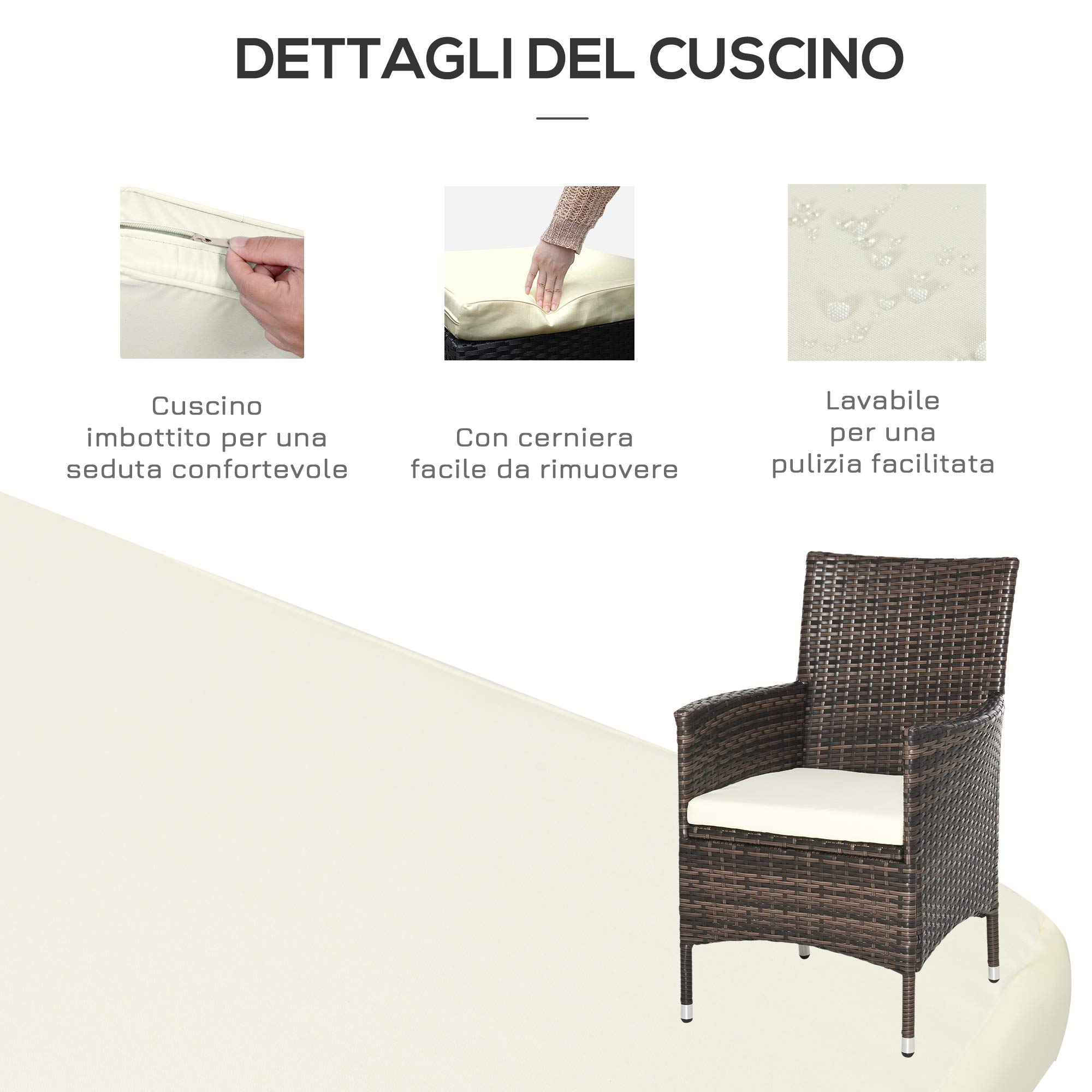 Outsunny Set Mobili da Giardino Rattan Set Arredamento Giardino 3pz Tavolo con 2 Sedie con Cuscini Marrone