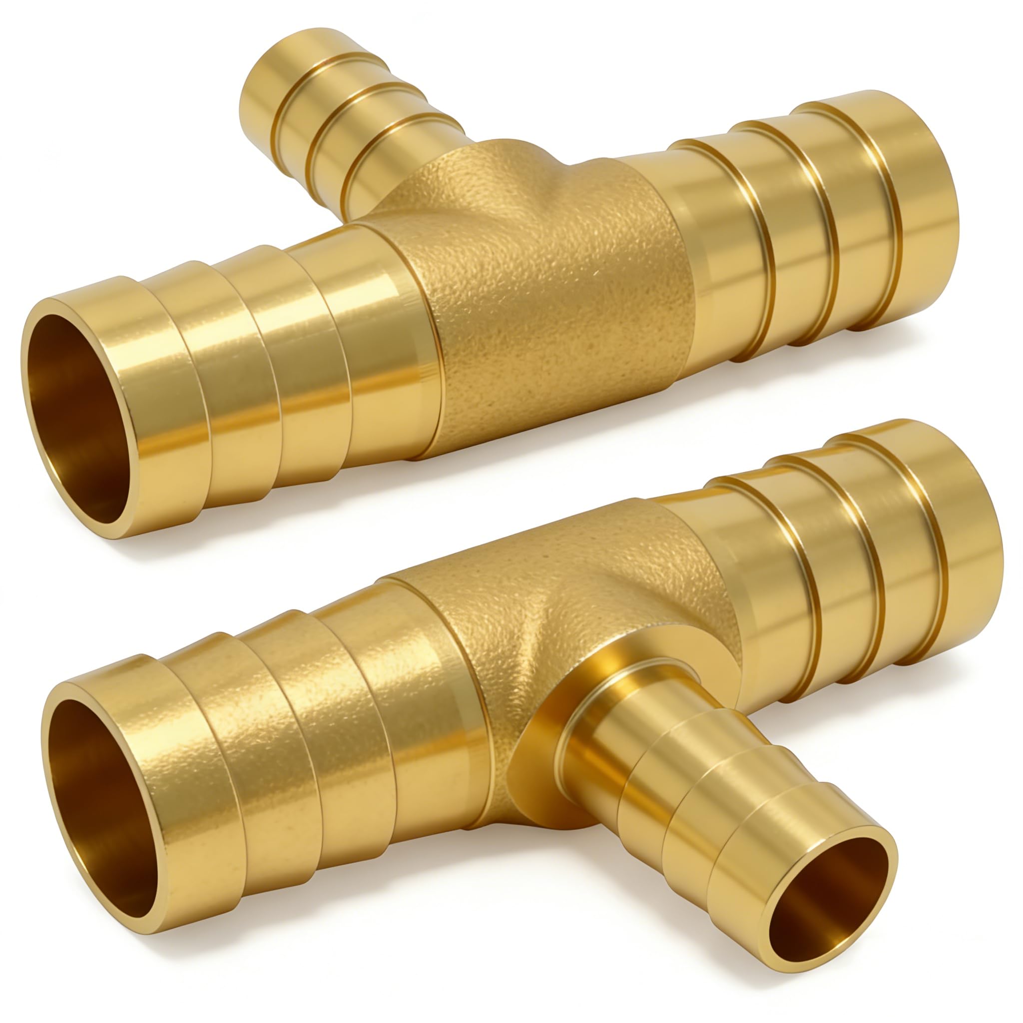 Closmos - 2 reductores en T de latón para manguera, 1/2 pulgada x 3/8 pulgadas de púas x 1/2 pulgadas, conector de 3 vías con 6 abrazaderas de manguera