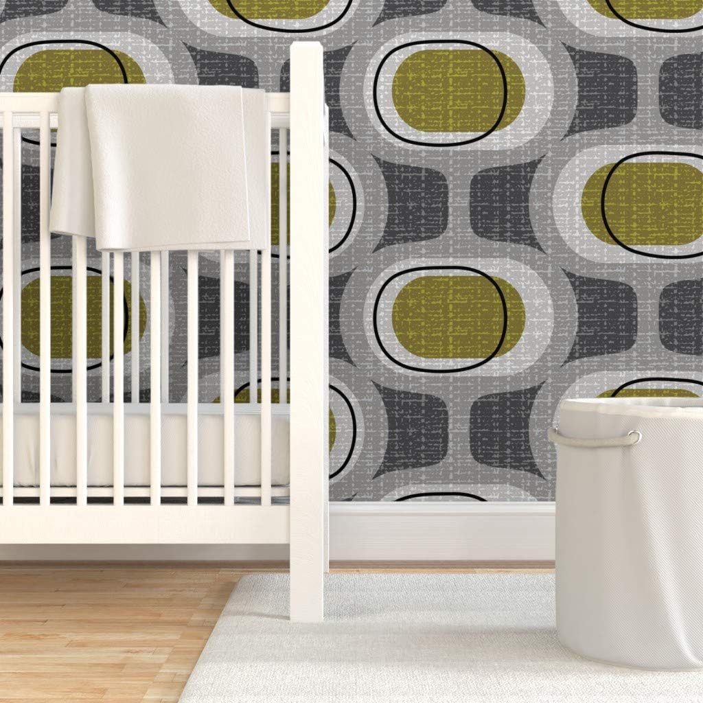 Peel & Stick Wallpaper 12ft x 2ft - Orbs Retro Green Mid Century Mod Modern Farmhouse Neutrals Custom Removable Wallpaper by Spoonflower