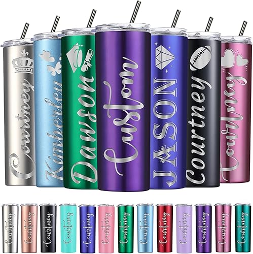 Vaso delgado personalizado de acero inoxidable con tapas y pajitas, vaso delgado con aislamiento personalizado grabado con nombre, 20 onzas, para