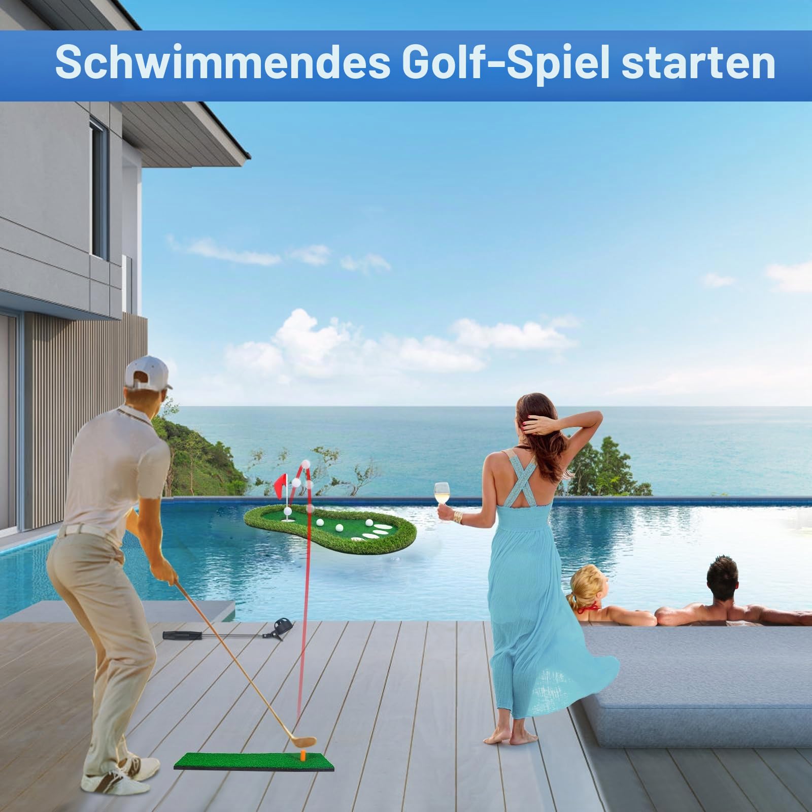 Schwimmendes Golfgrün für Pool, schwimmende grüne Matte mit Ball-Riever für Pool/See, kein Driften, schwimmendes Golf-Putting-Rasen-Spiel-Set für Golfer