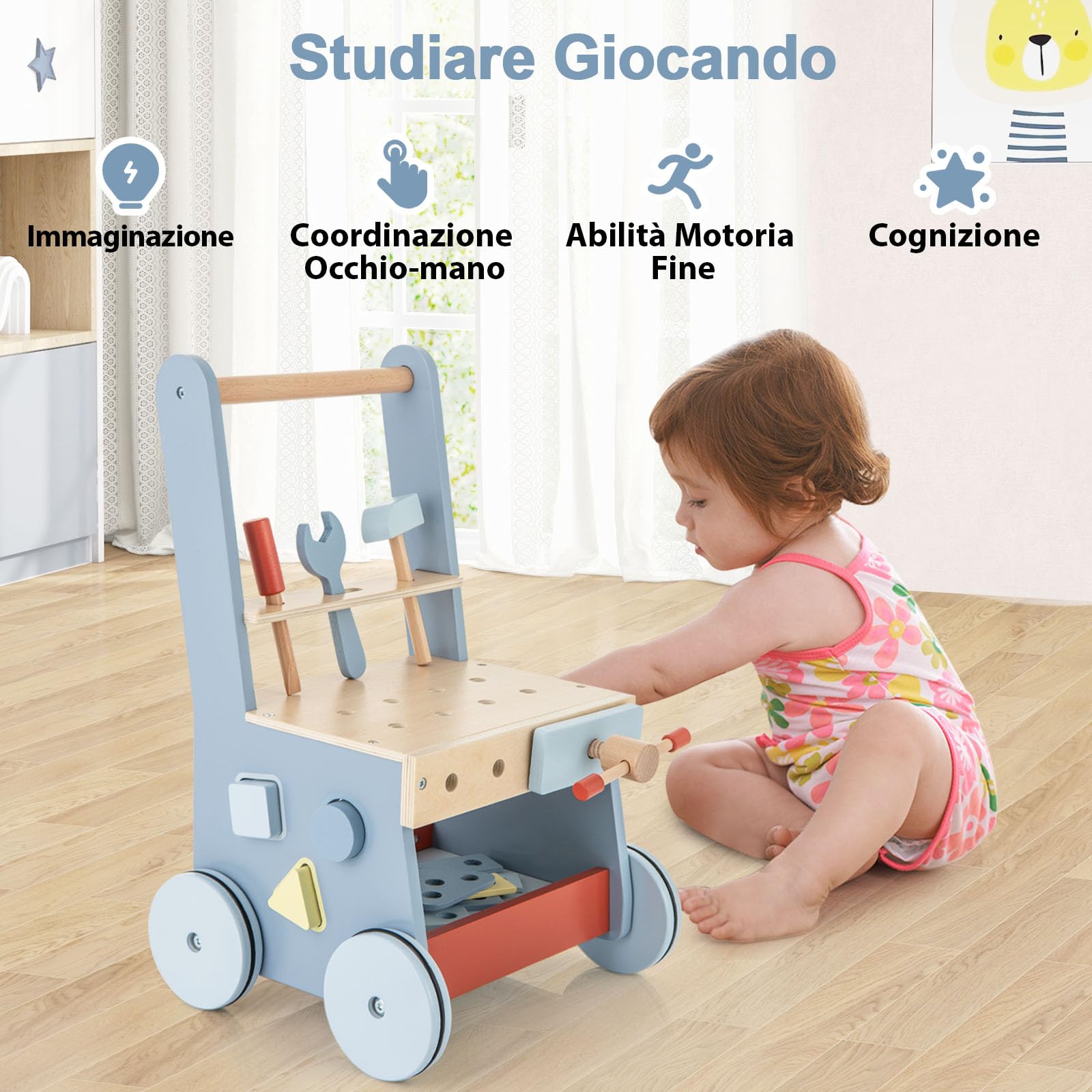 RELAX4LIFE 2 in-1 Carrello Primi Passi in Legno con Banco da Lavoro di Legno, Attrezzi Montessori, 4 Ruote, 30 x 30 x 47 cm (Modello 1)