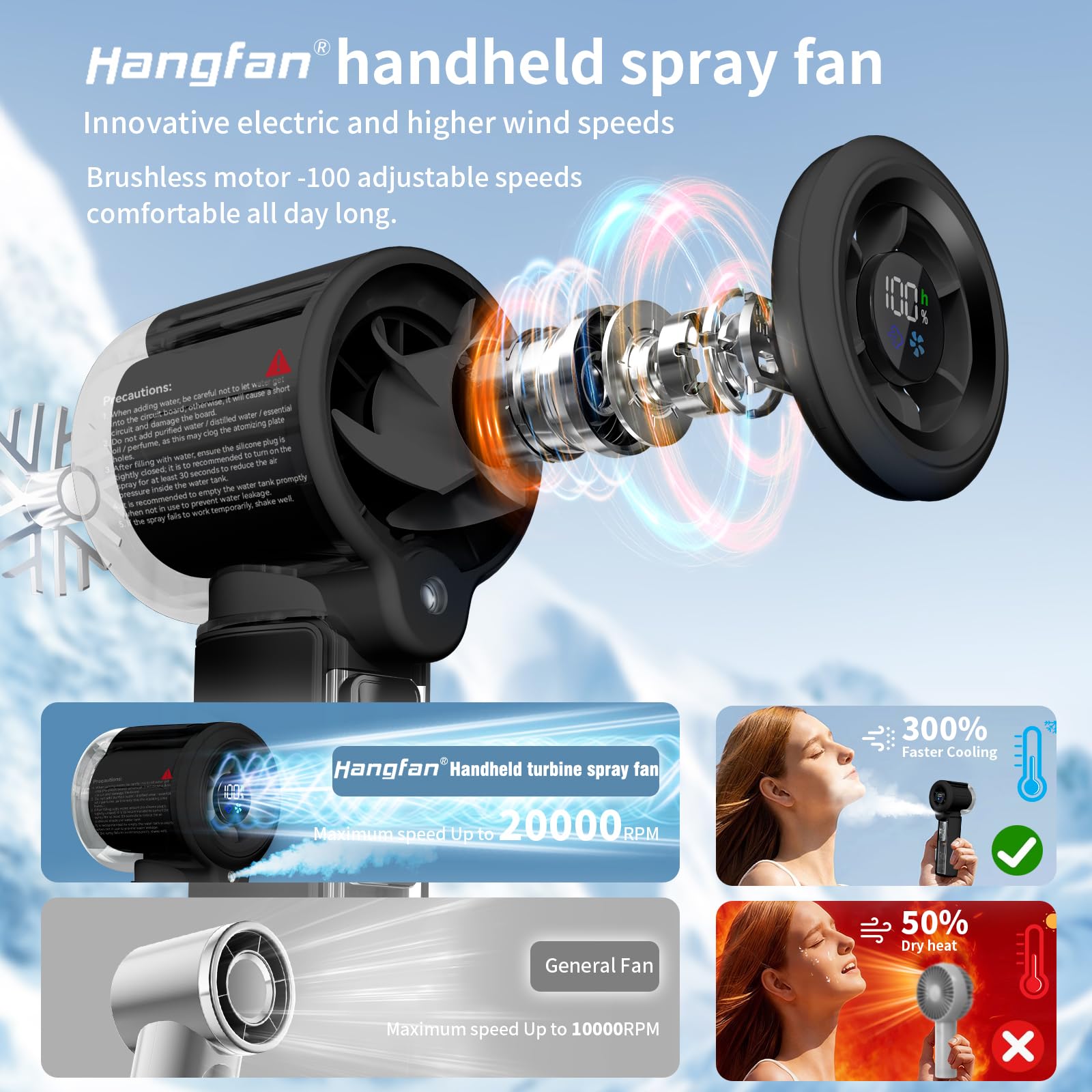 Ventilatore portatile a spruzzo portatile [tempo massimo di raffreddamento 19H], ventilatore spray ricaricabile USB da 3000 mAh, 100 ingranaggi regolabili, mini ventilatore, adatto per viaggi