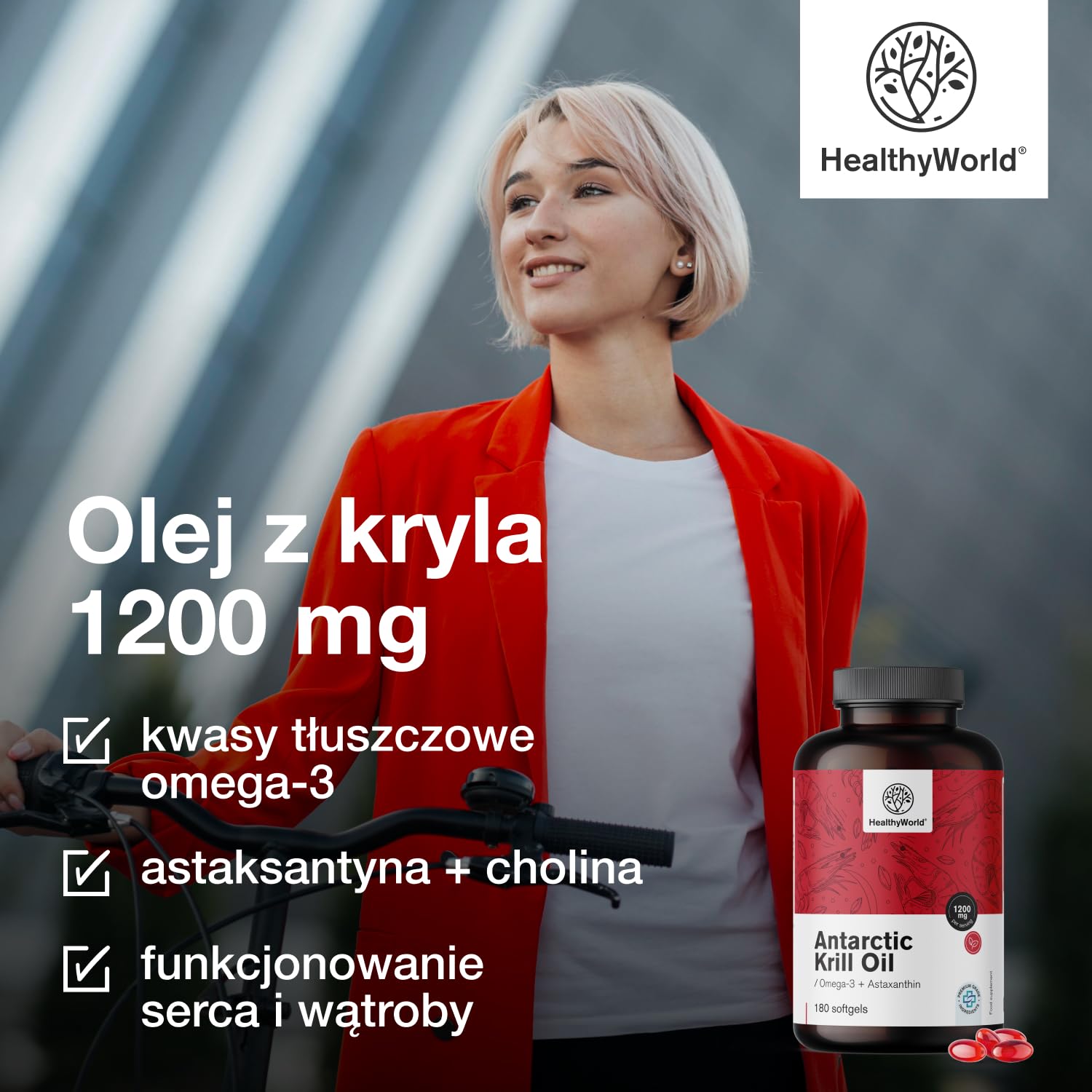 HealthyWorld Olej z kryla 1200 mg - 180 Miękkich Kapsułek - Omega-3 + Astaksantyna - Bez Glutenu, Laktozy i Sztucznych Aromatów - 3-miesięczny Zapas - Funkcjonowanie Serca i Żył