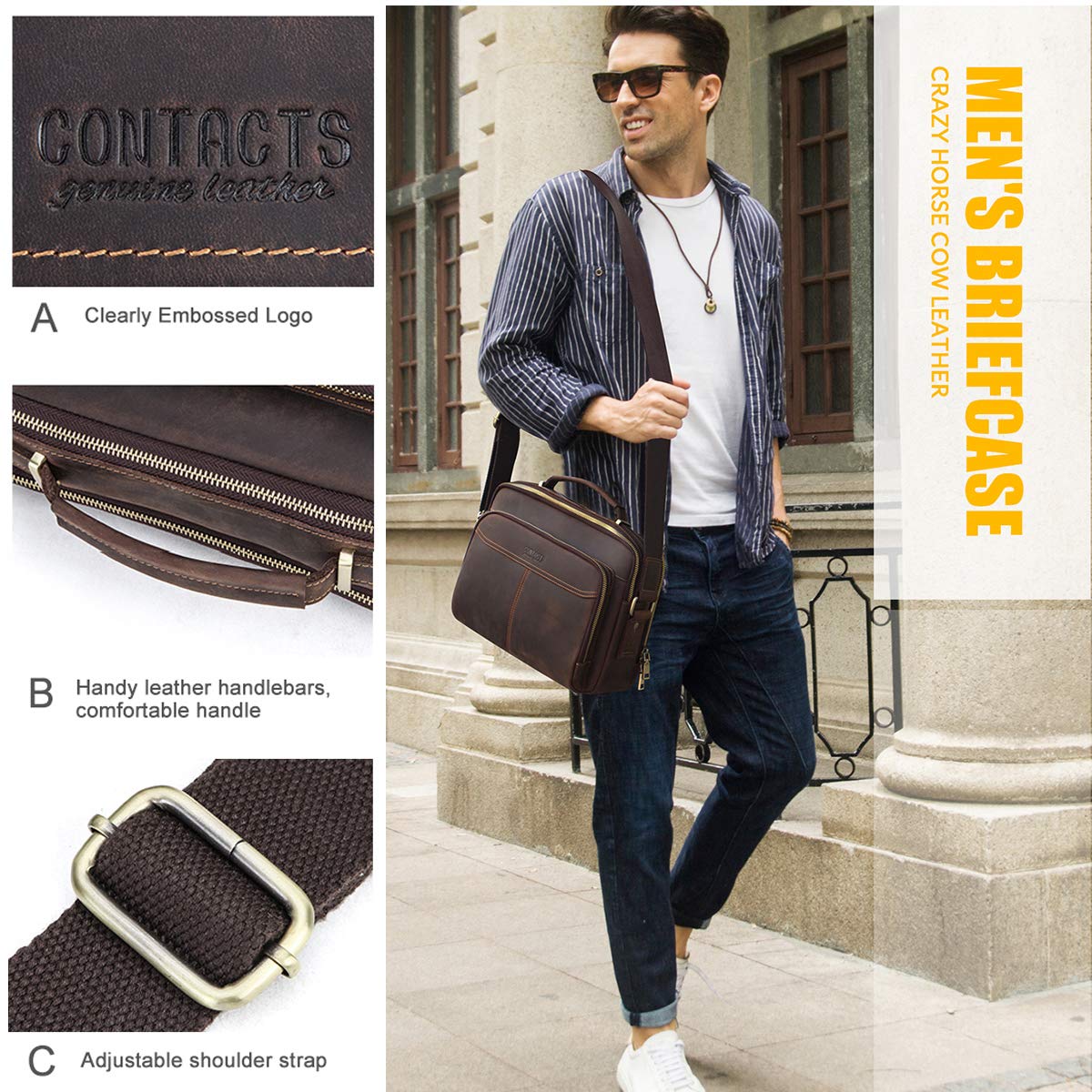 Contacts Borsa in pelle da uomo,Tracolla Uomo Borselli,borsa a tracolla da viaggio retrò, borsa a tracolla multifunzione casual Ipad Borsa a Spalla da Lavoro Crossbody Bag per Ufficio Scuola