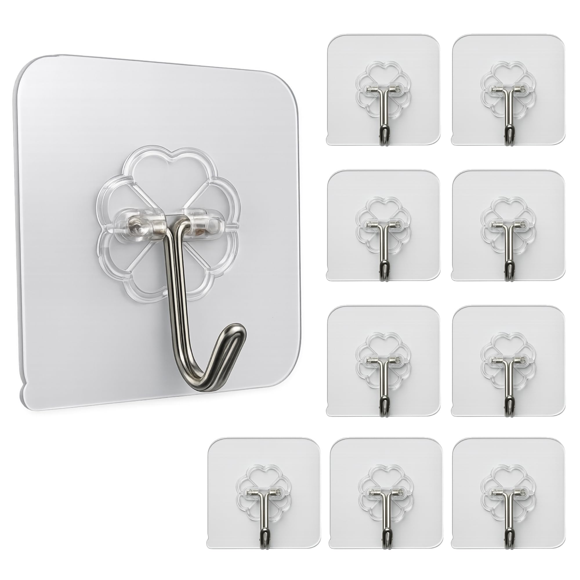 Self Adhesive Wall Hooks Pack of 10 | Heavy Duty Transparent PVC Sticky Hooks with Stainless Steel | Waterproof & Rustproof | No Drill No Nail for Kitchen, Bathroom, Bedroom, Office & Home-image-32
