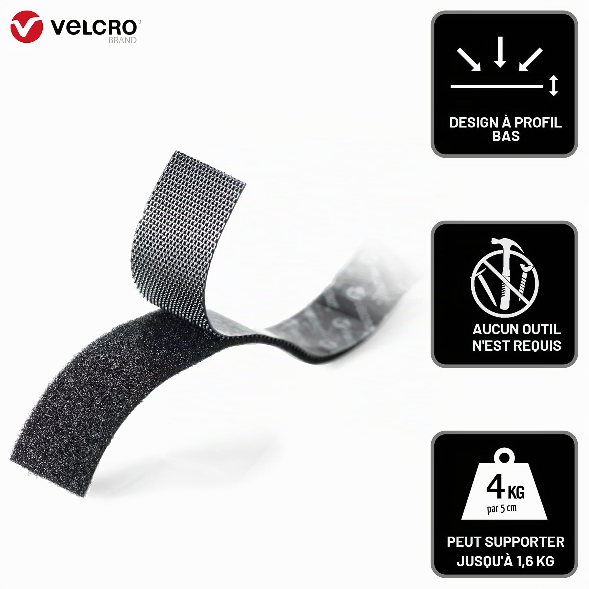 VELCRO Brand Ruban auto-agrippant extra-fin et discret, Noir 50mm x 5m | Ruban VELCRO adhésif extra-fin, haute résistance et découpable, pour des fixations affleurantes