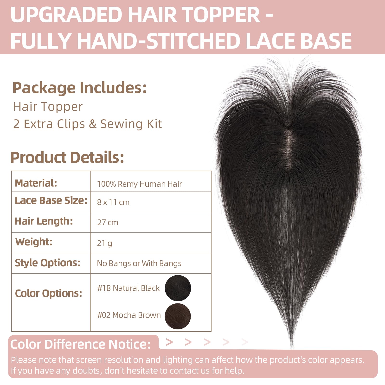 Silk-co 27cm Prótesis Capilar Mujer Pelo Natural Superior Craftsmanship Clip Toupee con Flequillo Postizo 21g 100% Cabello Humano Remy Hair Extensiones de Topper Encaje 8cm*11cm #1B Negro Natural