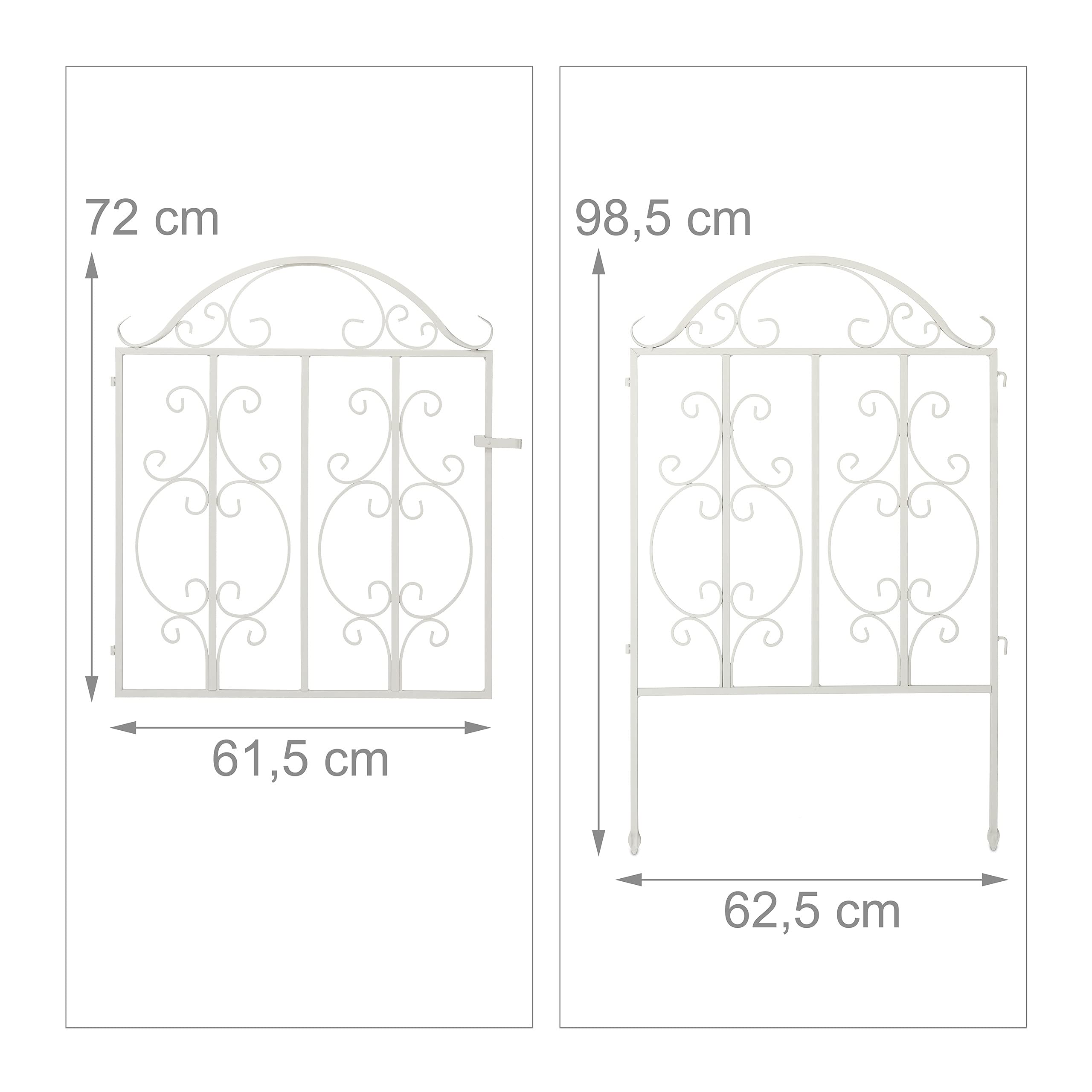 Relaxdays Puerta de Jardín, 3 Piezas, Acero, Adornos de Arabescos, 2 Paneles Laterales de Valla, 98,5 x 185 cm, Blanco