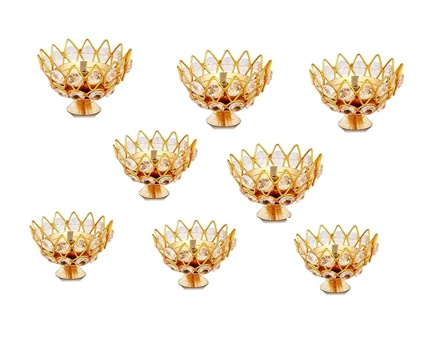 ANVI DECOR Brass & Crystal Small Bowl Diya Round Shape Kamal Deep/Akhand Jyoti/Oil Lamp for Home Temple Puja Decor Gifts (Width-3 inch, Hight-2.5 inch) (Pack of 8, Kamal Deep)
