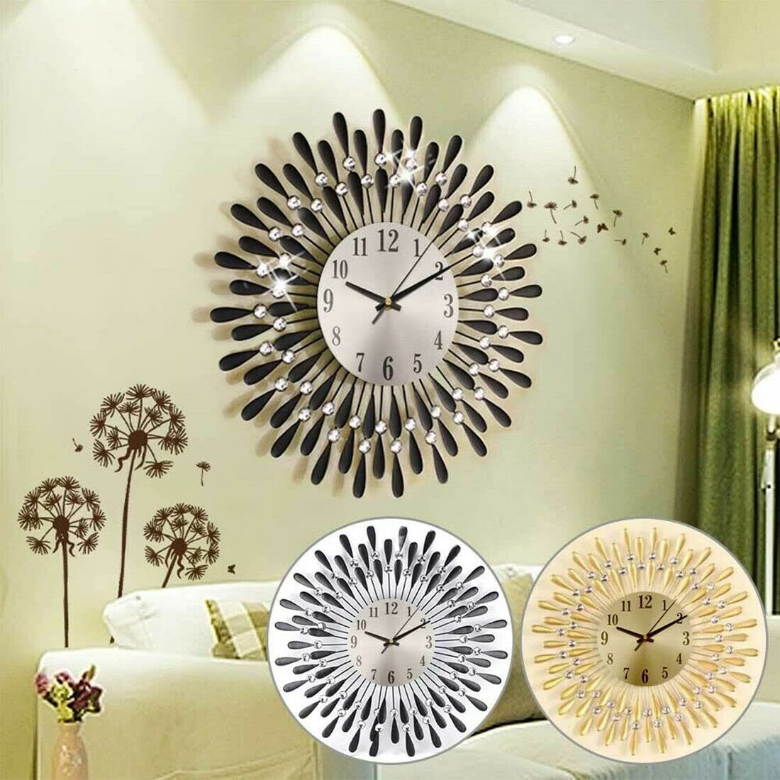 Reloj de pared 3D con cuentas de cristal con diseño de diamante con forma de sol, reloj de pared mute de cristal 3D, reloj de cuarzo electrónico para sala de estar, cocina, decoración del hogar(negro)