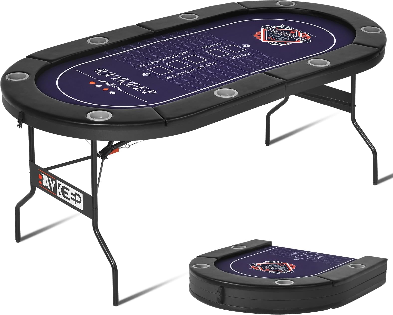 RAYKEEP Poker Table Foldable, 8 Player Folding Poker Tables w/Collapsible Legs, Casino Grade Felt, Padded Rails and Cup Holders, Portable Poker Table for Texas Holdem Poker and Blackjack, 71 Inch