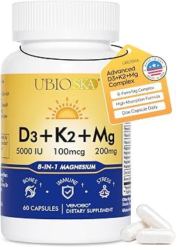 Vitamin D3 K2 5000 IU 200mg 8-in-1 Magnesium Zinc B6 Complex 60 Count