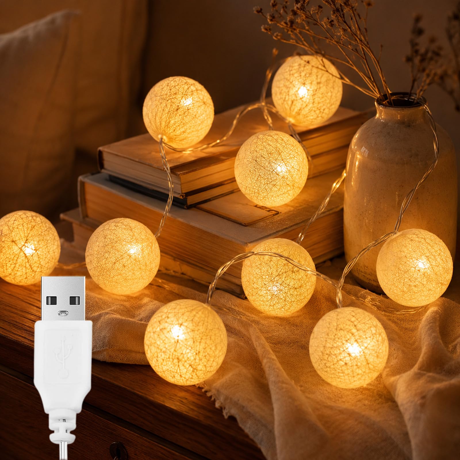 ALEGRE USB Fairy Lights Cotton Balls, 1.5 m 10 LED Cotton Balls Fairy Lights Balls with USB, 4 cm Cotton Balls Fairy Lights Indoor, Warm White Fairy Lights Ball for Children's Room, Christmas, Wedding
