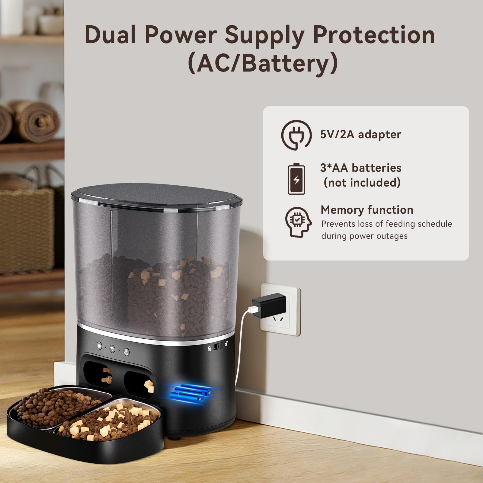 8L Distributeur Croquettes Chat Automatique 2 Bols, WiFi 2.4G, Commande APP, Minuterie Programmable, Gamelle Chat Automatique en Acier Inoxydable, 1-10 Repas par Jour pour Petits Chiens et Chats