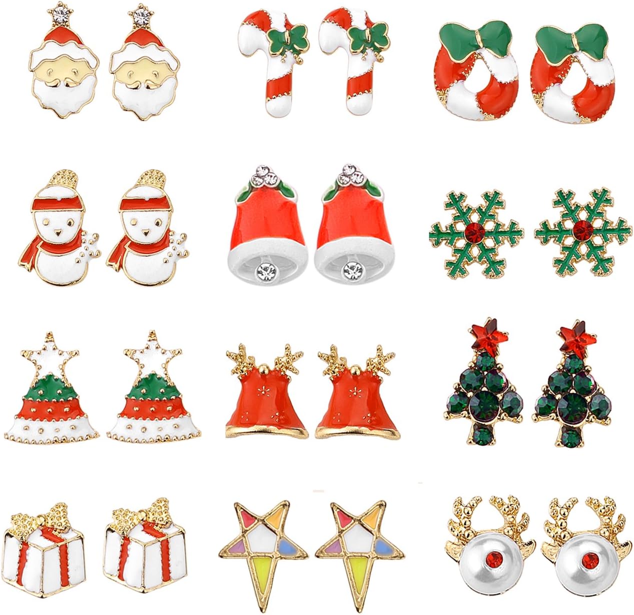 Women Christmas Earring Stud - 12 Pairs Hypoallergenic Christmas Gifts for Teens Girls Kids Cute Festive Earrings Jewelry Set Party Present Gold-tone (Red)