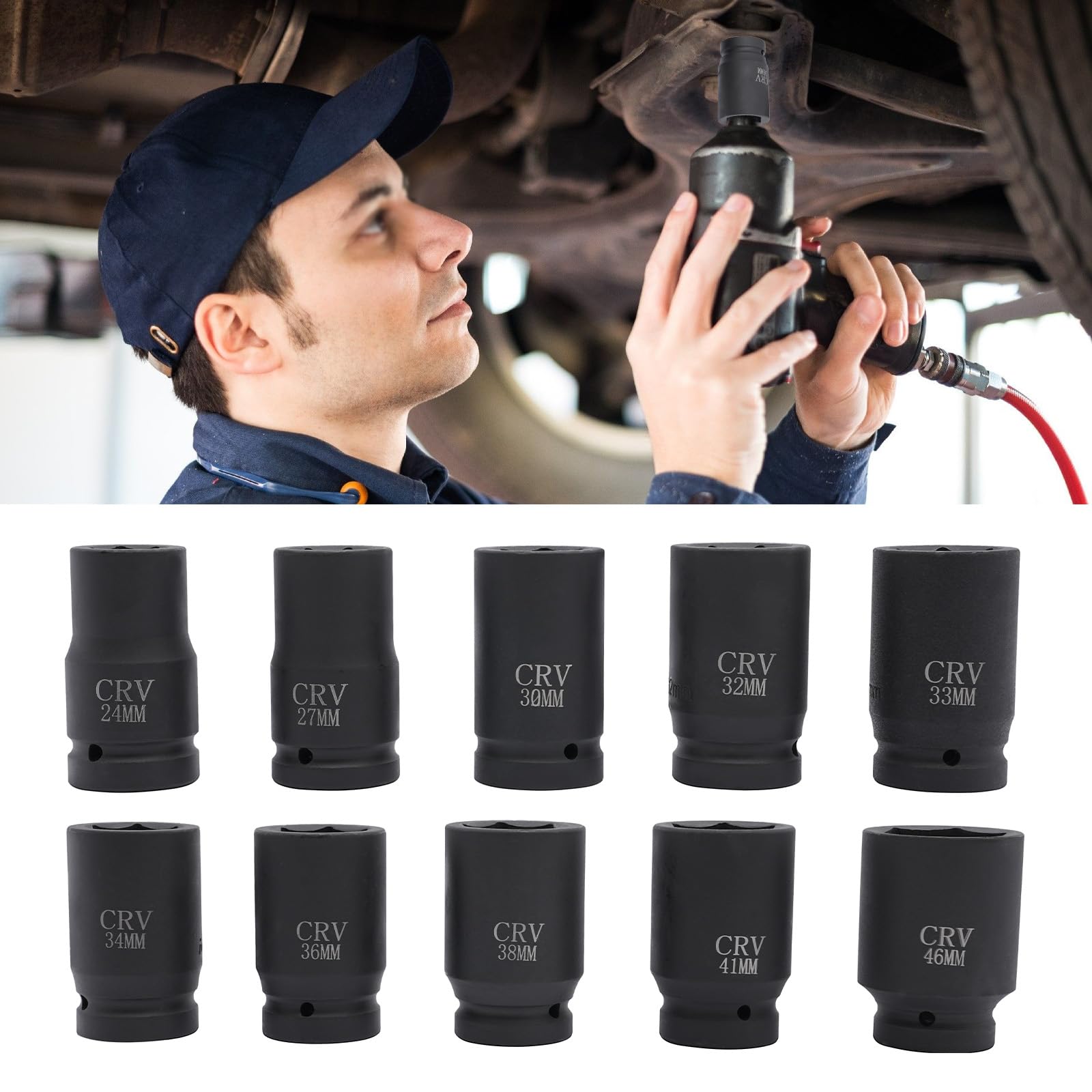 Set di 10 bussole per avvitatore a percussione da 1", 24-46 mm, in acciaio 45# a 12 punti, set di chiavi a percussione metriche, con cassetta degli attrezzi, per riparazione di camion, auto, officina
