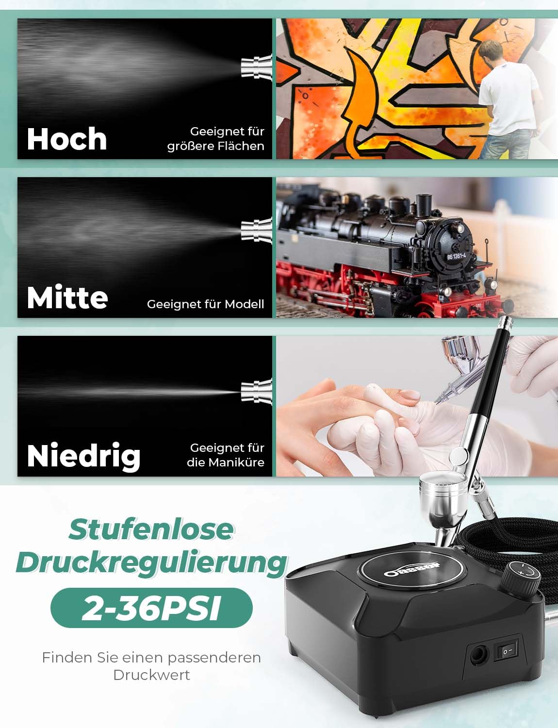 Oasser Airbrush Set 36 PSI Kompressor Double Action Pistole Zubehör Modellbau Make-up Autolackierung Schwarz