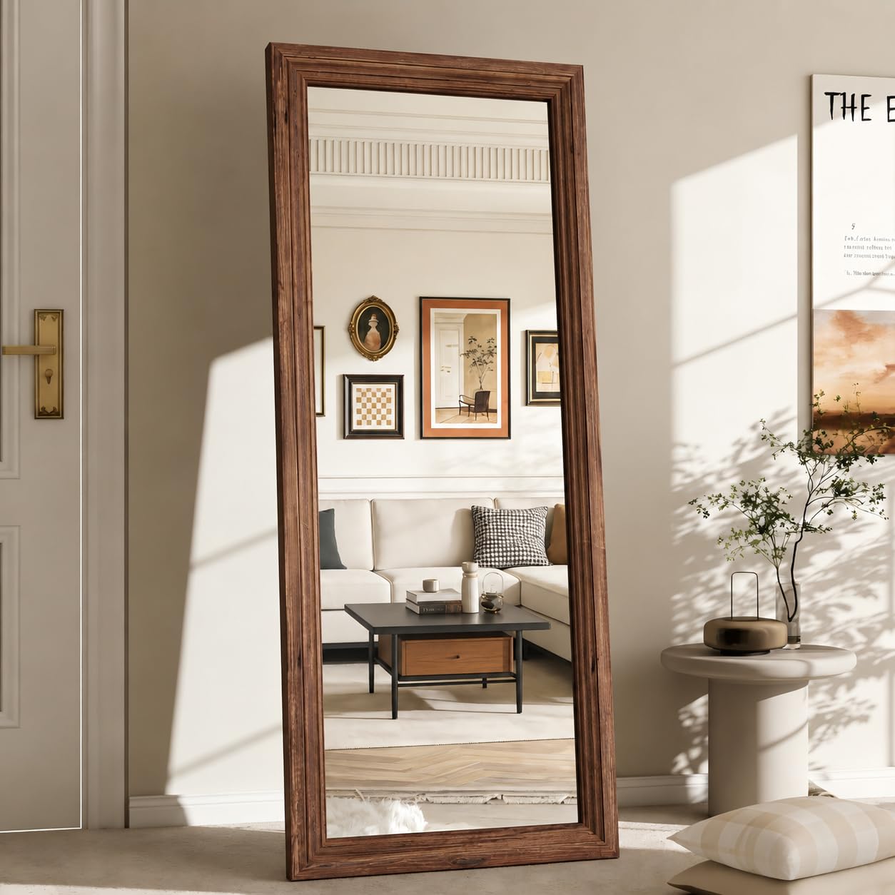MAXEN Großer Ganzkörperspiegel 165x56 cm, Standspiegel & Wandspiegel mit Massivholz-Rahmen, Rechteckig, Bruchsicher, für Schlafzimmer & Wohnzimmer, Braun