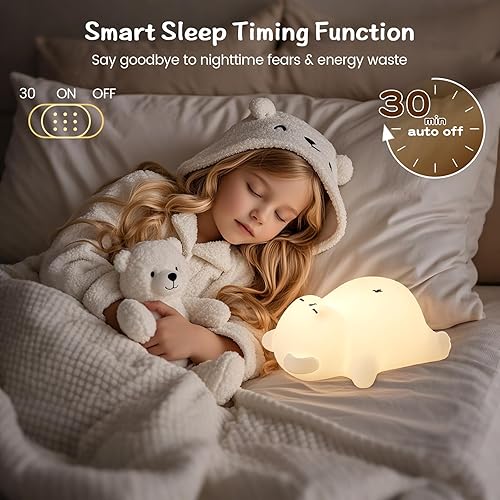 Miniatura 3 de Luz nocturna de oso ronquido soñoliento, novedosa luz nocturna para niños, regulabletemporizadorrecargable USB-C, lámpara de noche LED de silicona