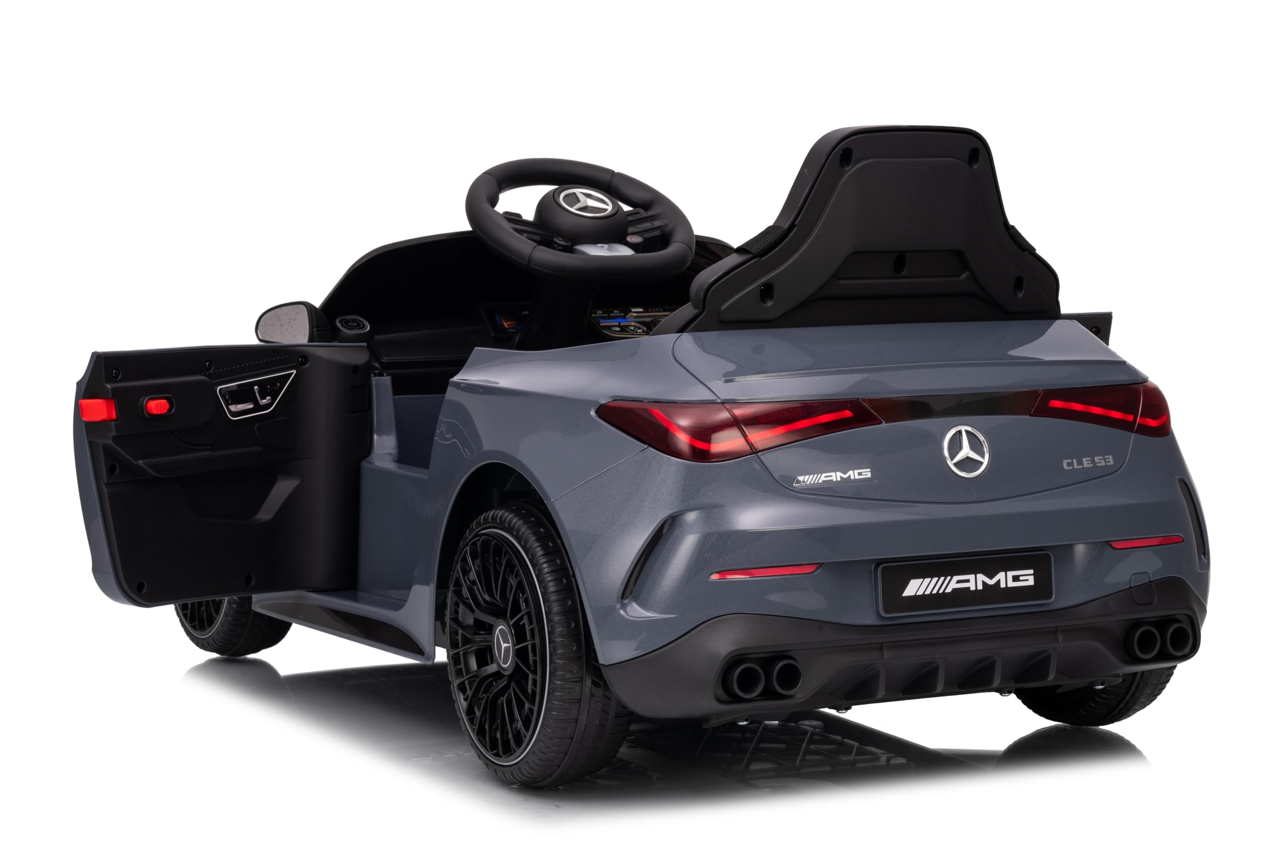 FINOOS Kinder Elektroauto 12V mit Fernbedienung – Mercedes CLE53 - AMG - Elektrofahrzeug - 2 türig - MP3 - Hupe - LED Leuchten - Bluetooth (Grau)