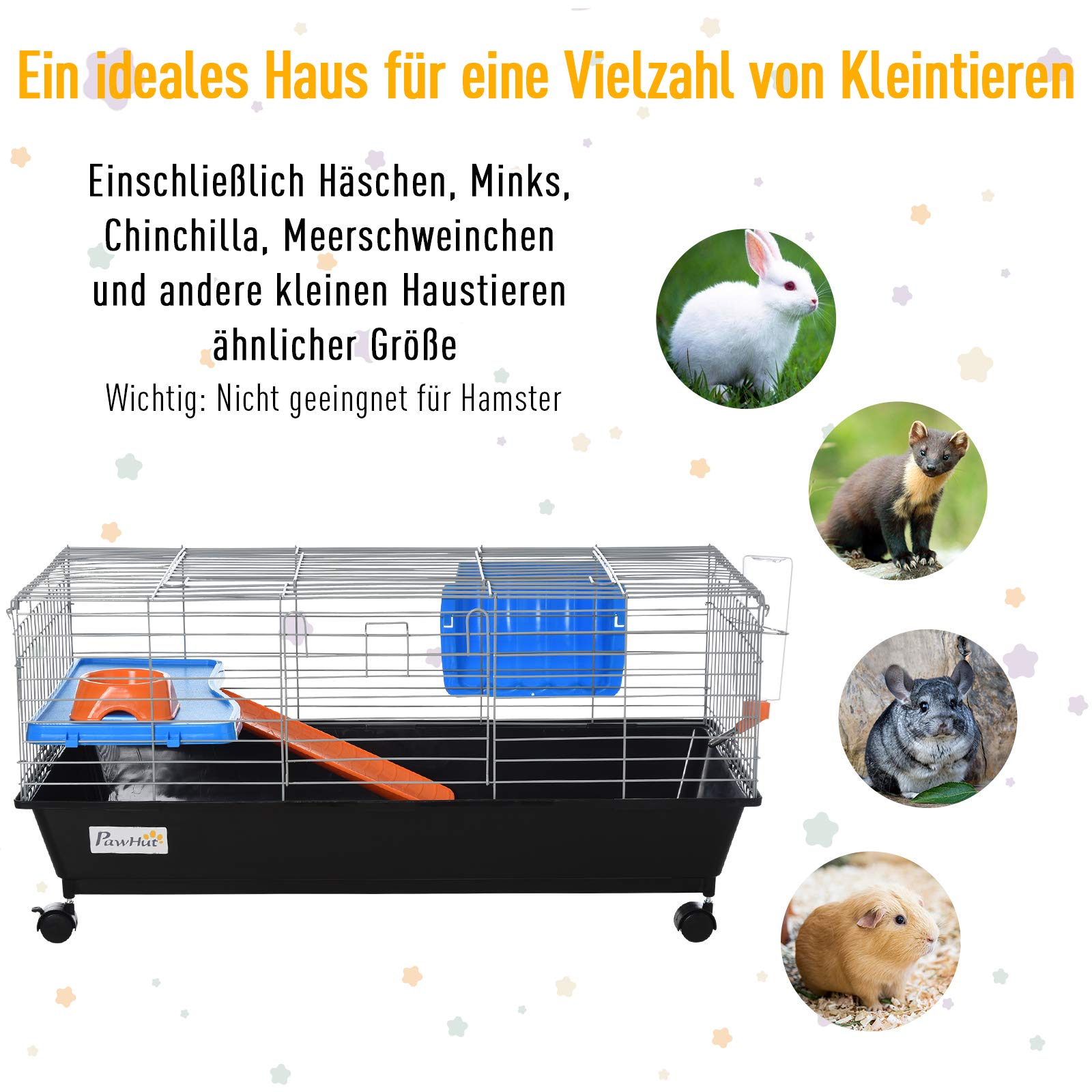 PawHut Kleintierkäfig, Rollbarer Nagerkäfig, Starter-Set mit allem Zubehör, Stahl+PP+Nylon, Schwarz, 89x44x43 cm