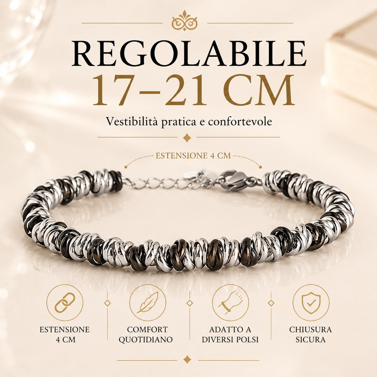 Bracciale Uomo Donna in Acciaio Inox Regolabile 17-21 cm, Made in Italy - Anellini Intrecciati Bicolore, Design Moderno e Unisex - Gioiello Resistente e Versatile, Regalo Elegante Fidanzata Fidanzato