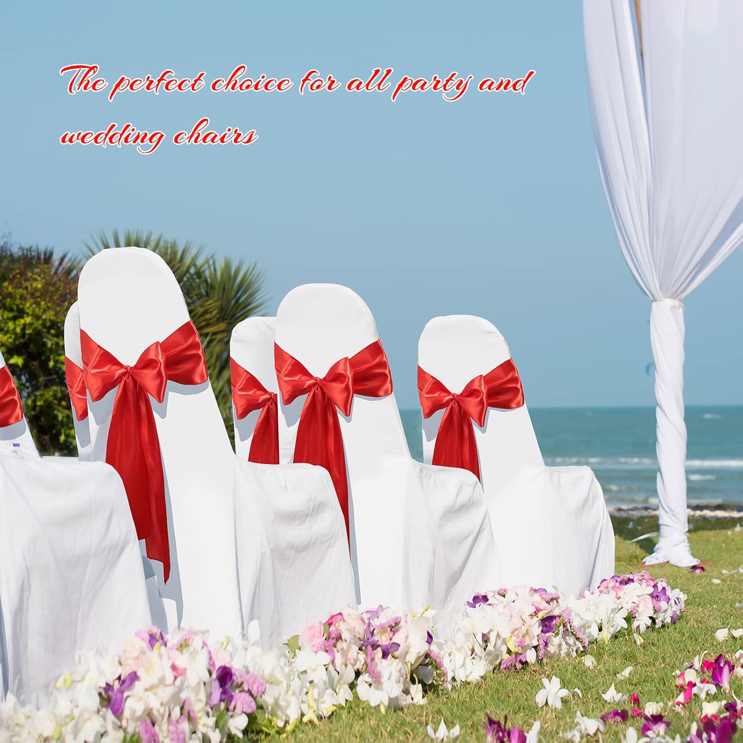 Breling 80 Pcs Satin Chair Bow Sash Red Elegant Ribbon Tie Bows Back Sash Universal Chair Covers Ribbons Ties for Wedding Reception Banquet Events Decoration Party Supplies