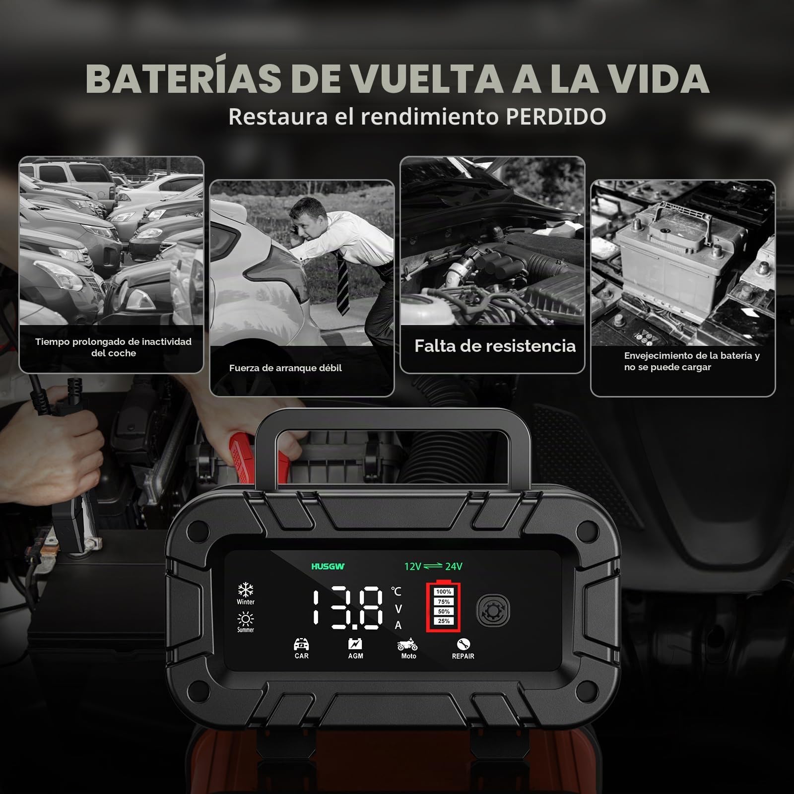 12V20A 24V10A Cargador de Baterías, Cargador Bateria Moto Inteligente con Función de Reparación Mantenedor de Carga Automático, Pantalla LCD, para Coche, Moto, Camión, AGM, Gel, Húmedo, SLA