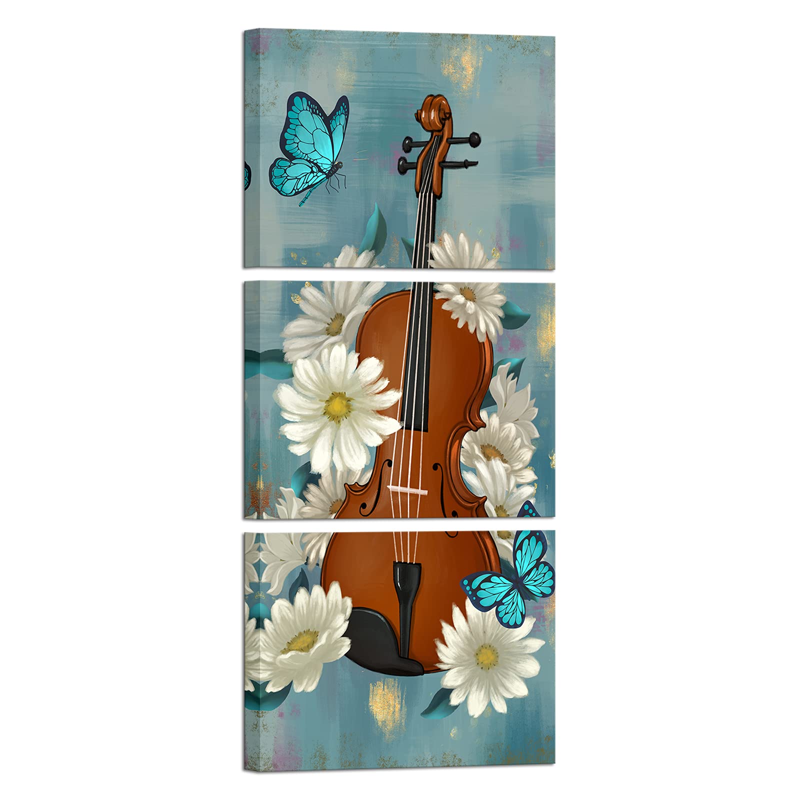 BPA 3 Pieces Violin Canvas Painting Music Instrument with Flowers and Butterfly Decorations for Wall Violin Poster Picture Artwork for Living Room Music Room Giclee Framed Ready to Hang