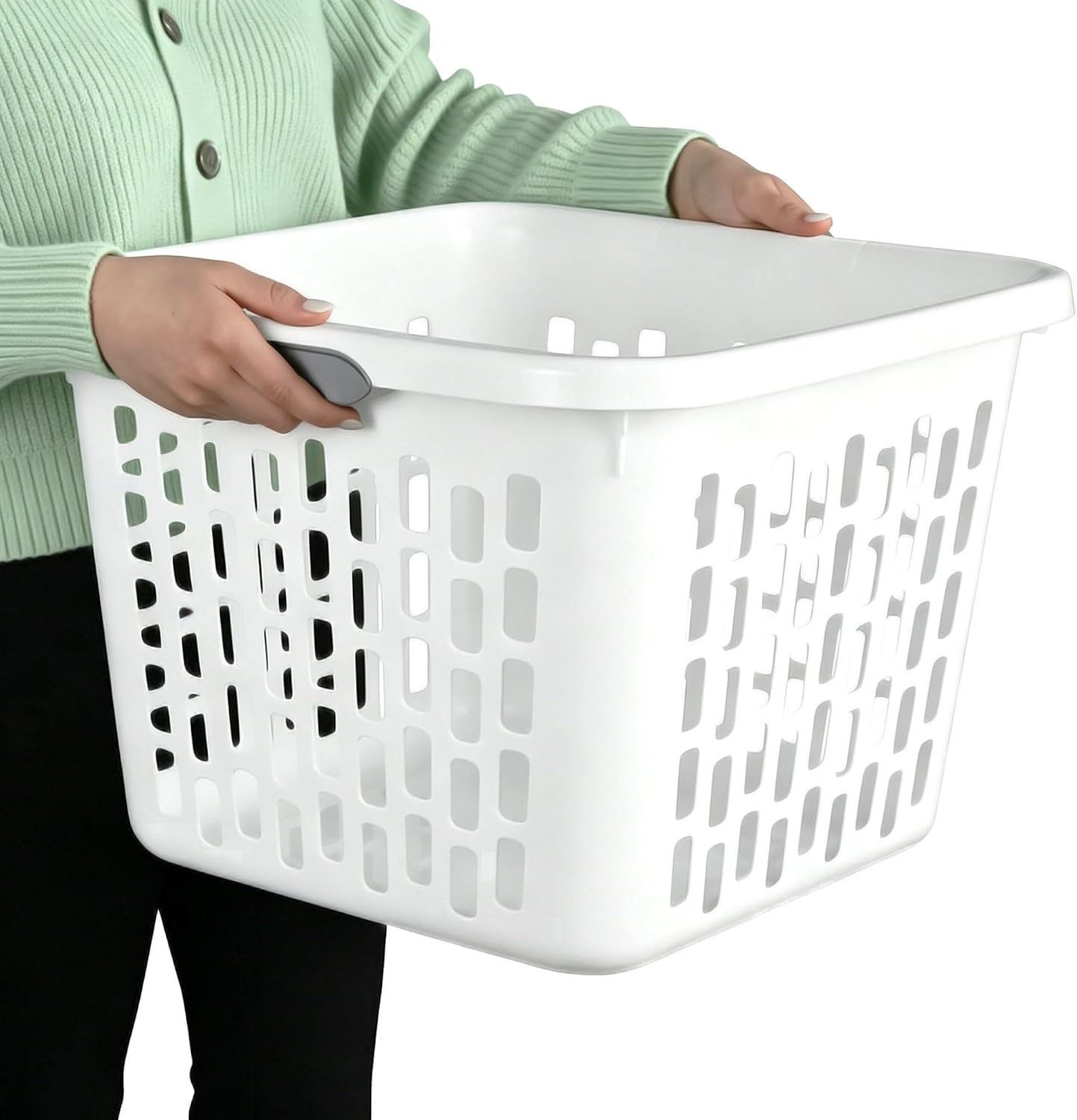 Large Plastic Square Laundry Basket with Grip Handles, 53L, White
