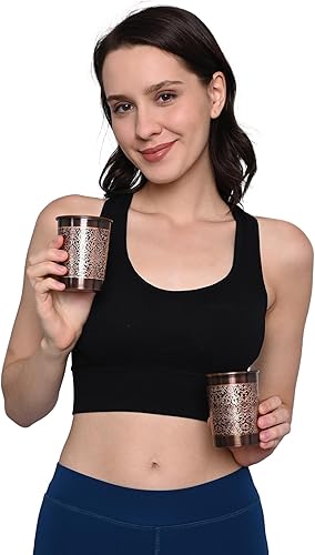 Miniatura 9 de Juego de 2 vasos de cobre, diseño floral, 8.5 fl oz (8.45 onzas líquidas) de capacidad para beneficios para la salud del ayurveda (recto)
