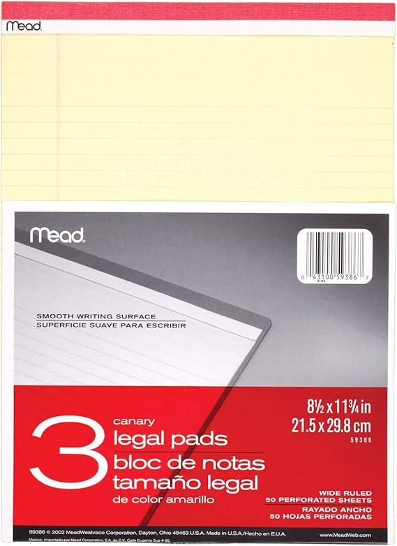 Mead Legal Pad Writing Pads, 3 Pack, Wide Ruled Paper, 81