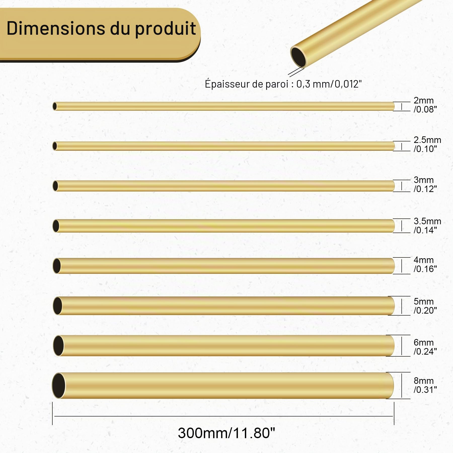 Lot de 8 tubes ronds en laiton - 2 mm, 2,5 mm, 3 mm, 4 mm, 4,5 mm, 5 mm, 6 mm, 8 mm, diamètre extérieur x 0,3 mm, épaisseur de paroi : 300 mm