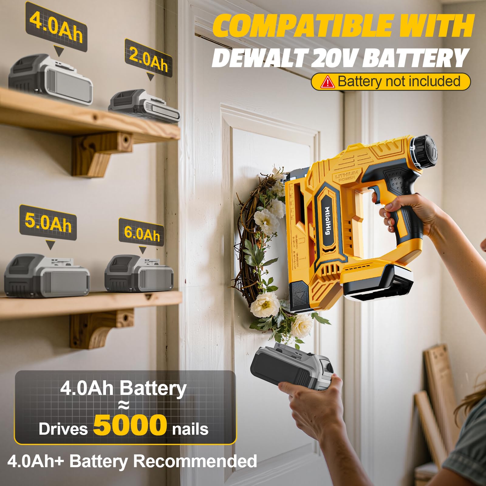 Clavadora inalámbrica compatible con batería Dewalt, pistola de clavos 2 en 1 calibre 18 de 5/8 a 1-1/4 pulgadas con 2000 clavos para carpintería de madera, solo herramienta, sin escobillas, 2 modos